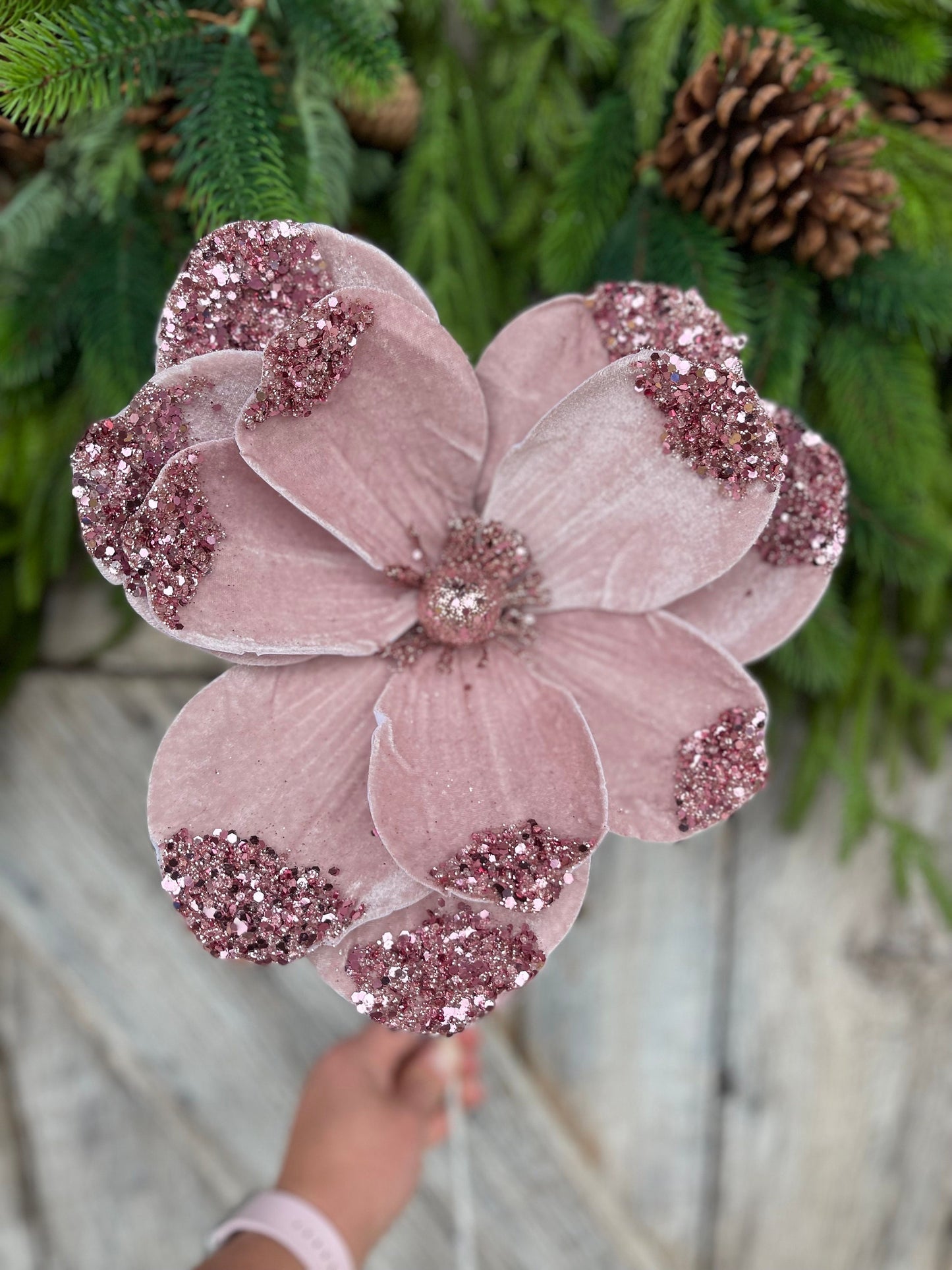 21" Light Pink Velvet Magnolia, Christmas Magnolia, Faux Magnolia Stem