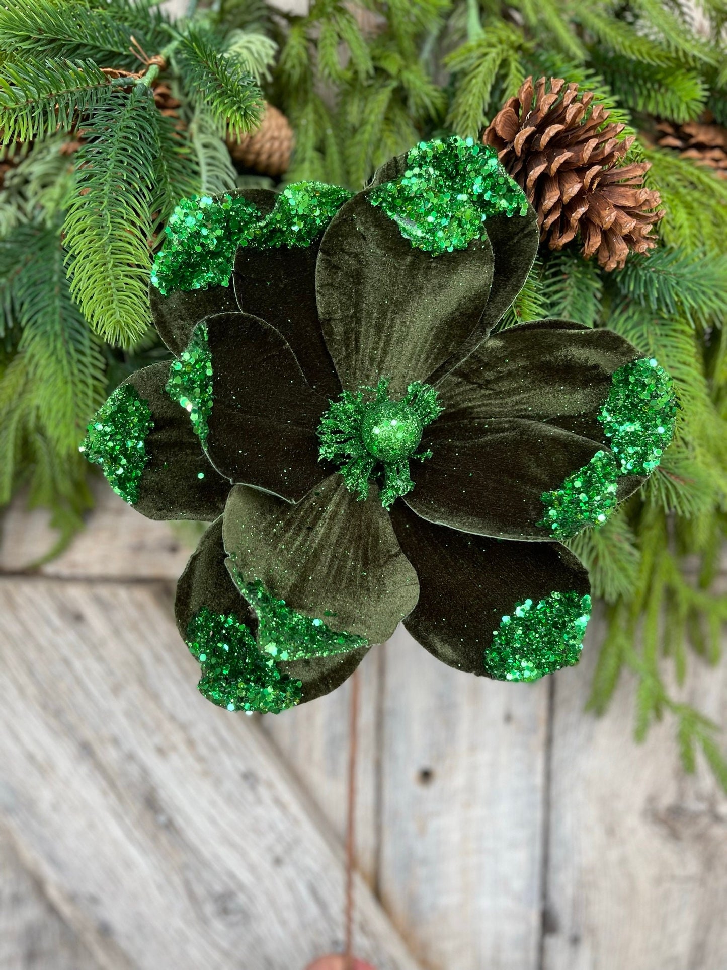 21" Emerald Green Velvet Magnolia, Christmas Magnolia