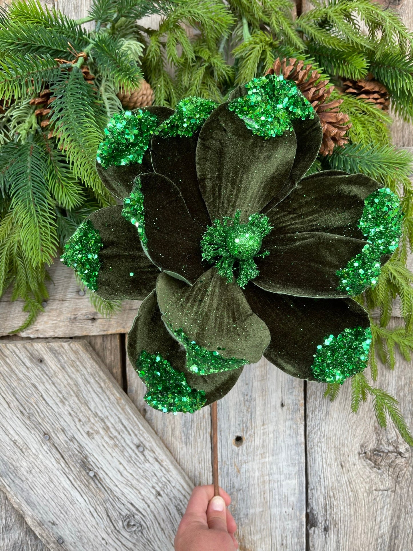 21" Emerald Green Velvet Magnolia, Christmas Magnolia