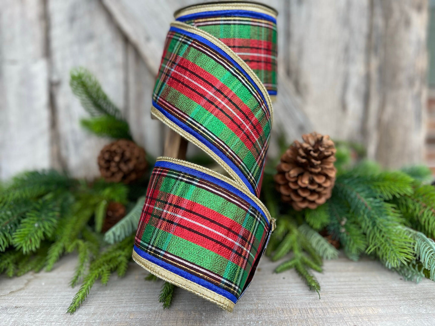 4" Traditional CHristmas Plaid, Farrisilk Ribbon, Red Blue Chirstmas Plaid RIbbon