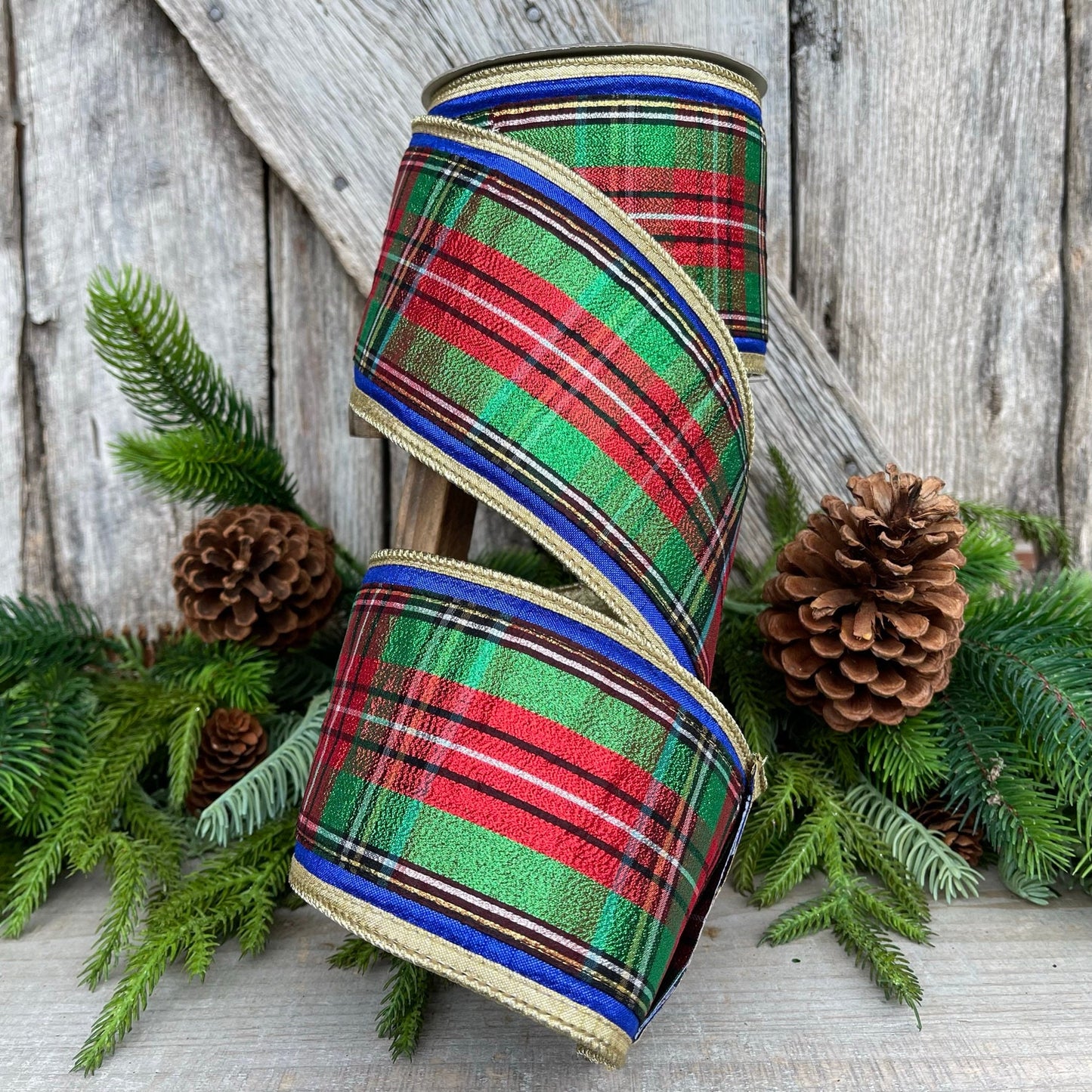 4" Traditional CHristmas Plaid, Farrisilk Ribbon, Red Blue Chirstmas Plaid RIbbon