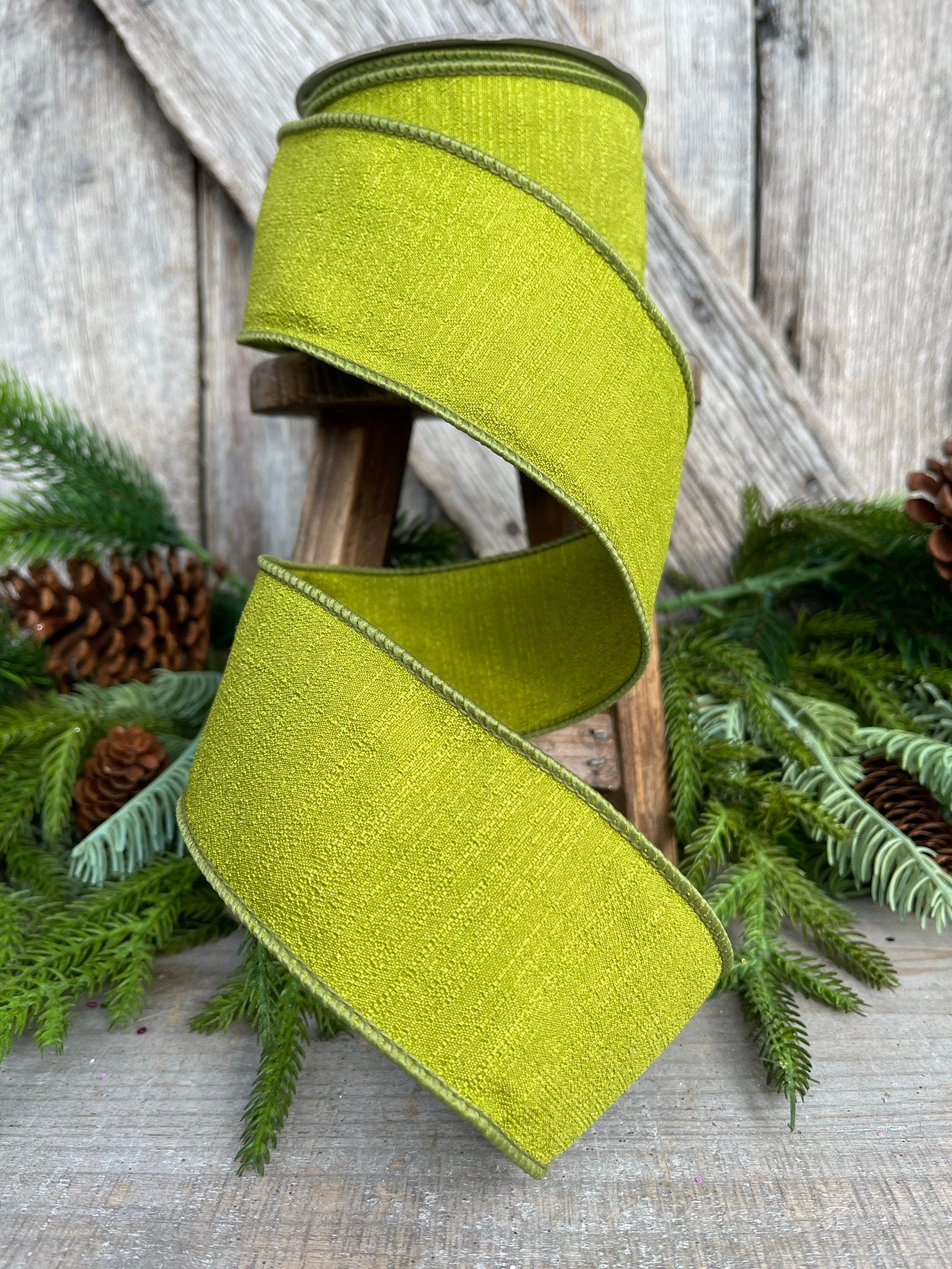 2.5" Olive Ribbon, Farrisilk Shabby Silk, 2.5 inch ribbon
