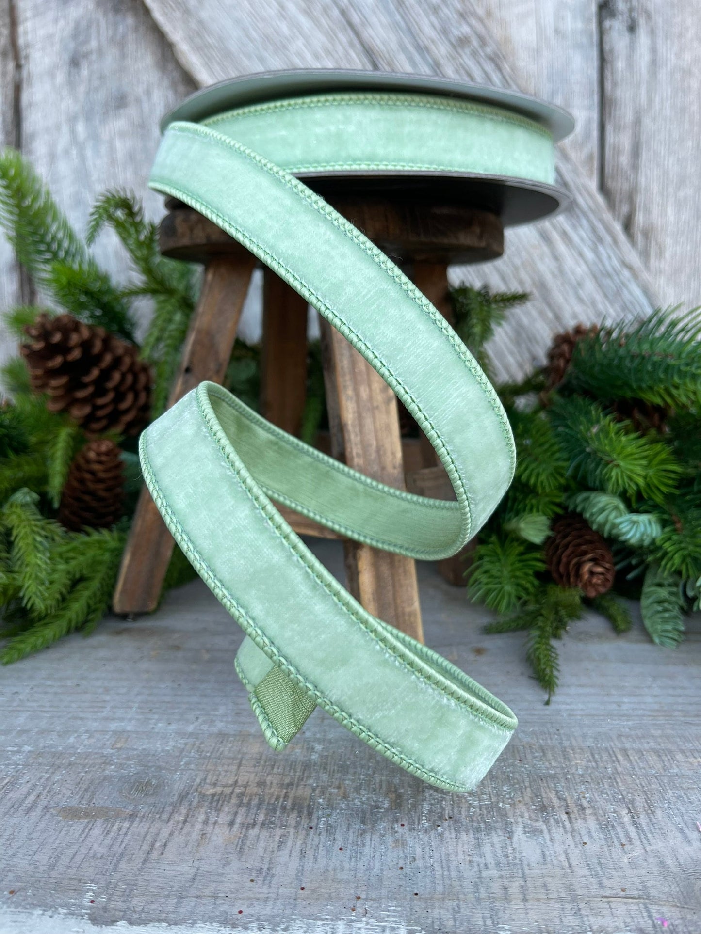 1" Mint Green Velvet Ribbon, Farrisilk Shabby Silk