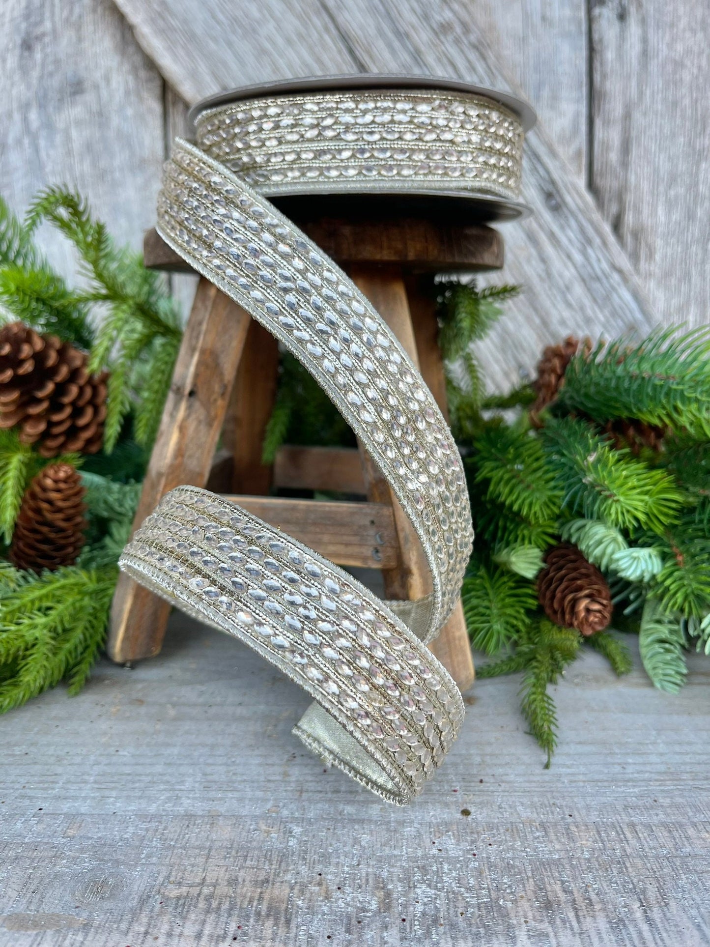 1" Platinum Jeweled RIbbon, Farrisilk Ribbon
