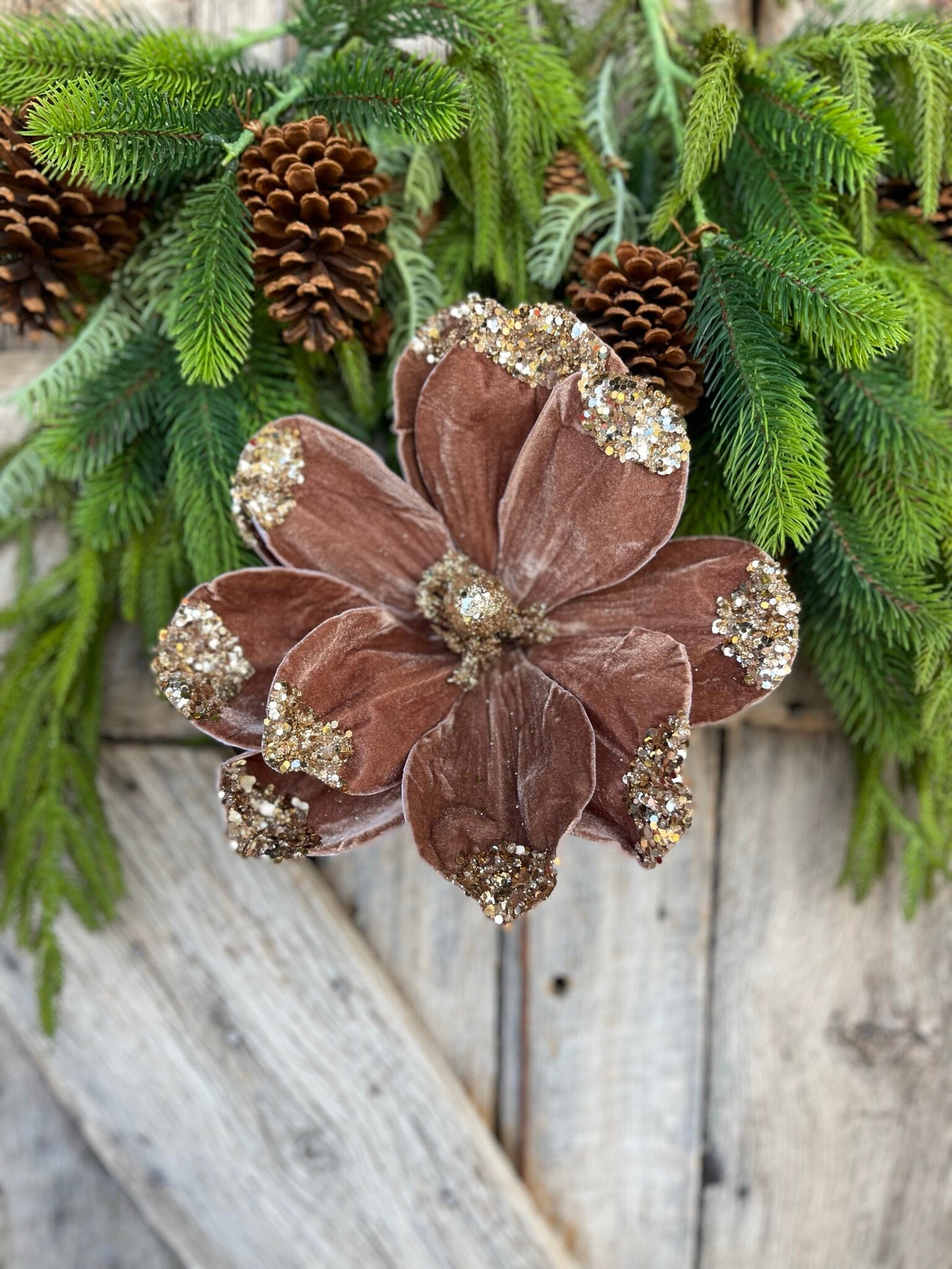 21" Mocha Brown Velvet Magnolia, Christmas Magnolia, Faux Magnolia Stem
