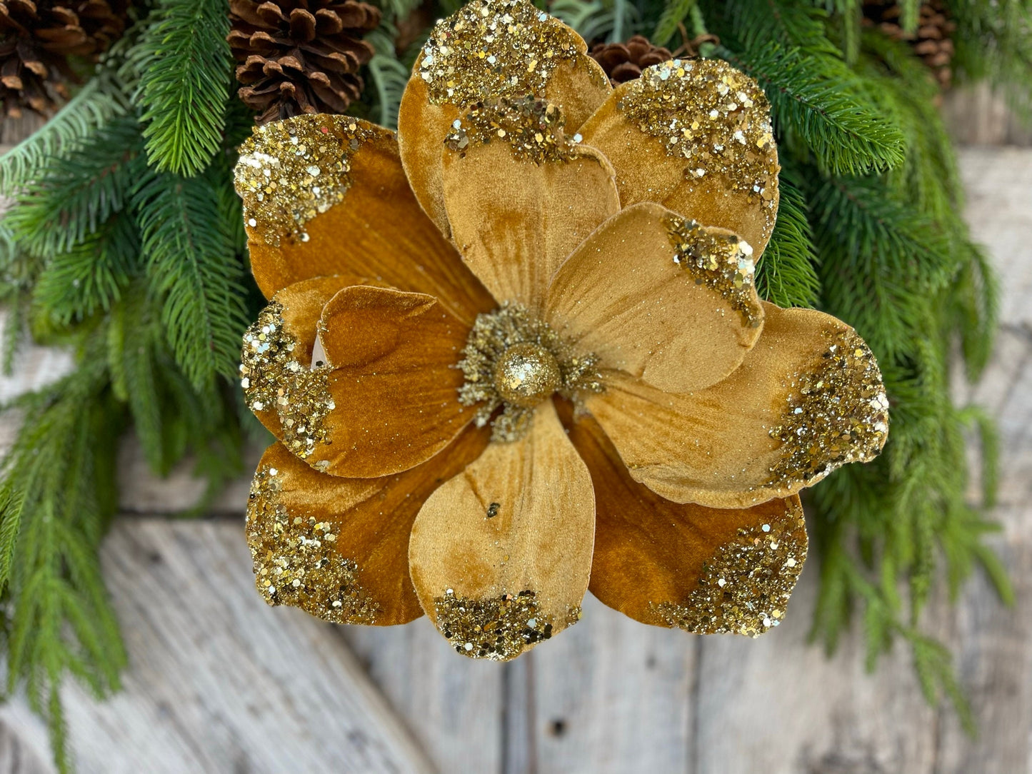 21" Gold Velvet Magnolia, Christmas Magnolia, Faux Magnolia Stem