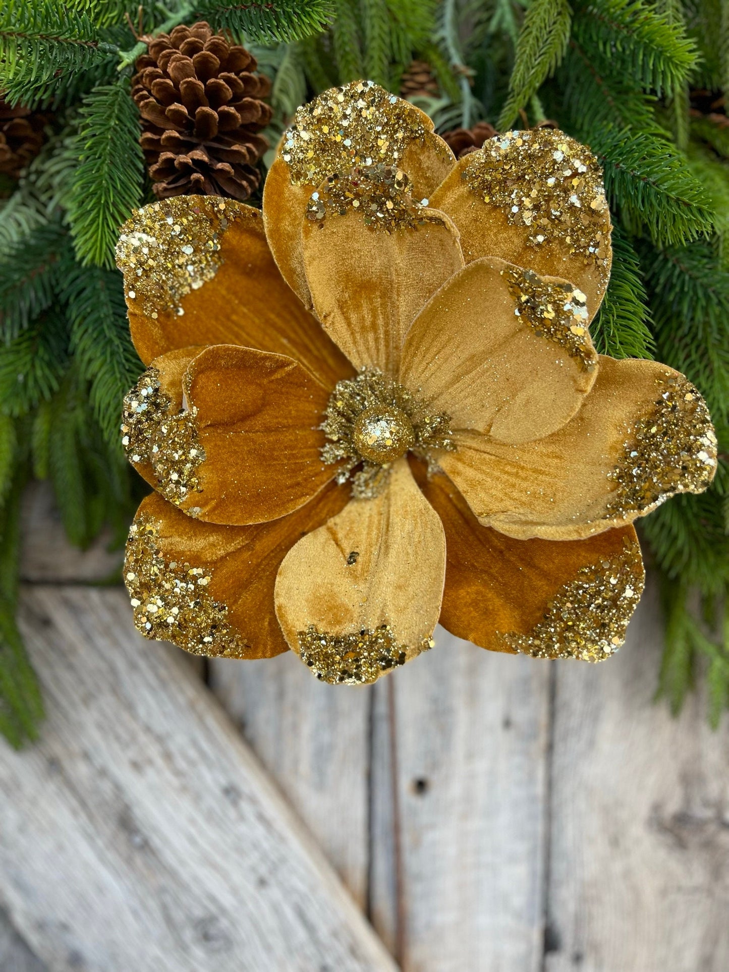 21" Gold Velvet Magnolia, Christmas Magnolia, Faux Magnolia Stem