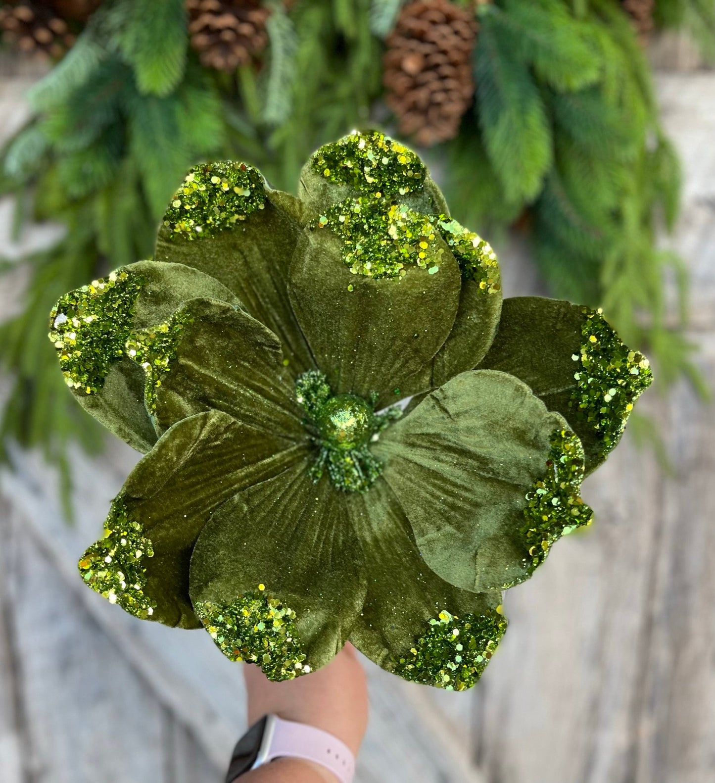21" Forest Green Velvet Magnolia, Christmas Magnolia, Faux Magnolia Stem