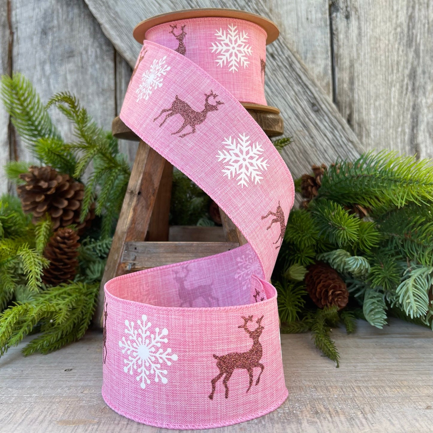 2.5" Pink Deer Christmas RIbbon, Wired Ribbon, Christmas Ribbon with Deer