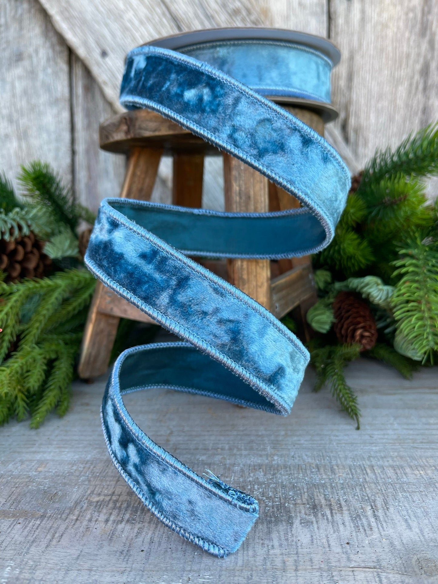 1" Steel Blue Silky Velvet, Farrisilk Velvet, Designer Ribbon