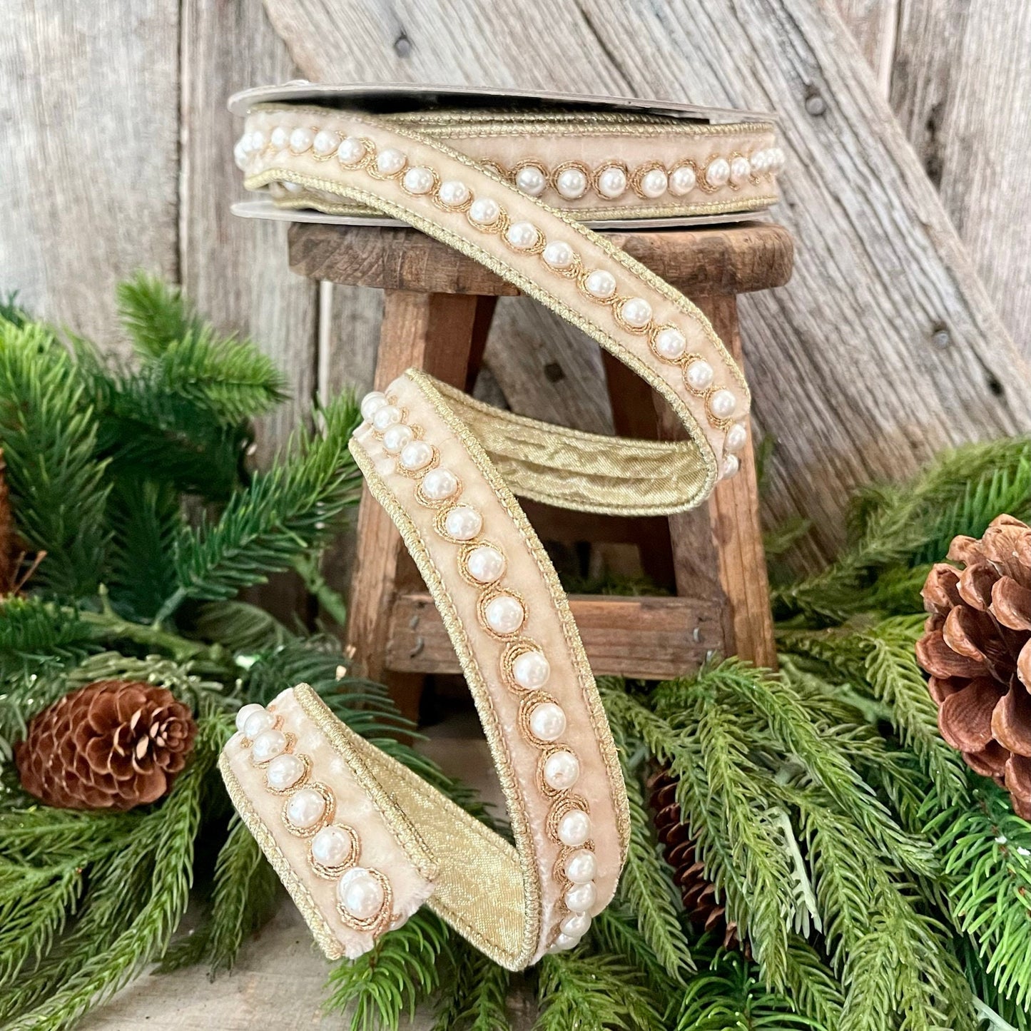 1" Cream Velvet Pearl Ribbon, Farrisilk Ribbon, Pearl Ribbon