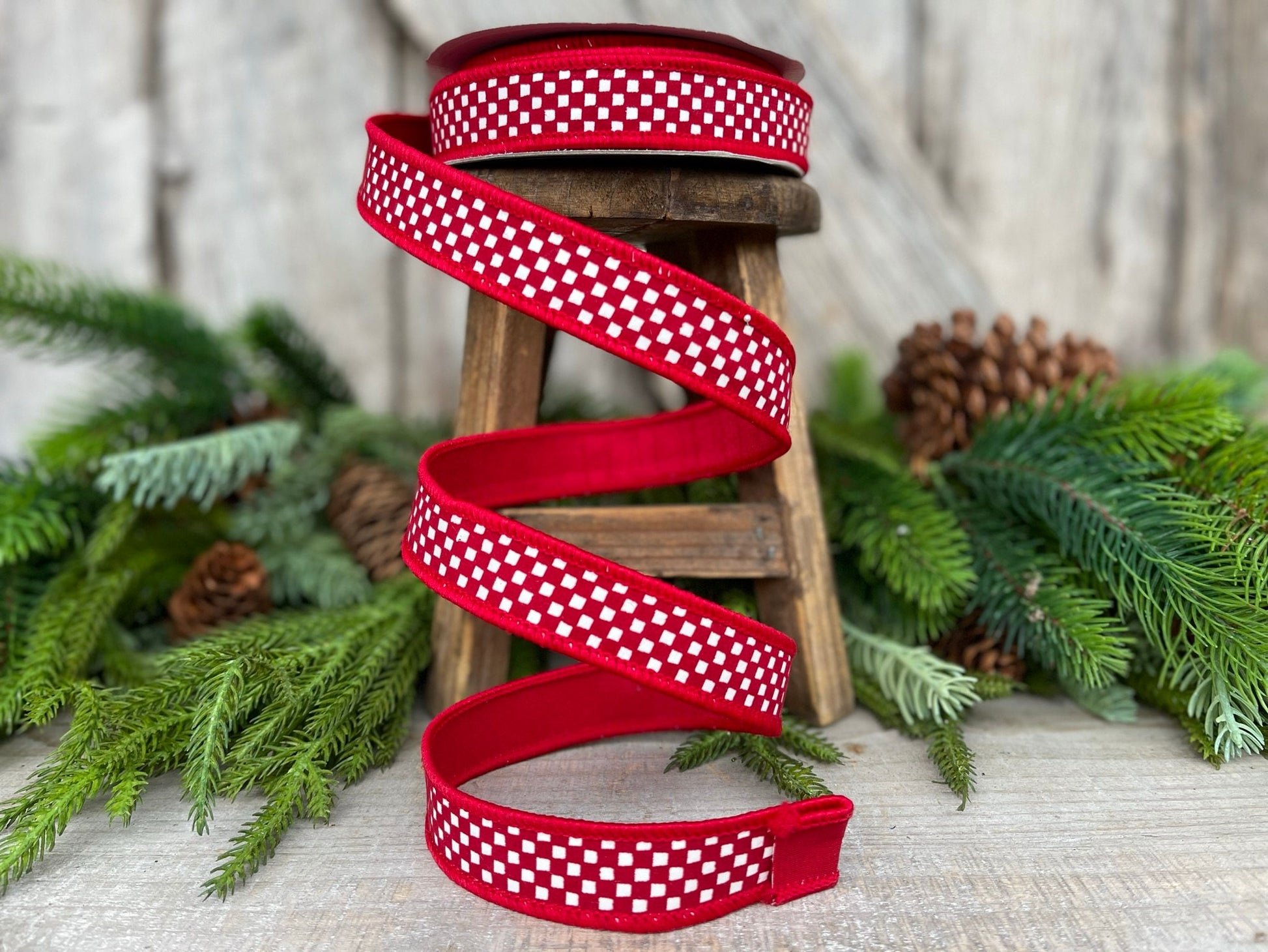 1" Red Mini Checkered Ribbon, Farrisilk Ribbon, Check Ribbon