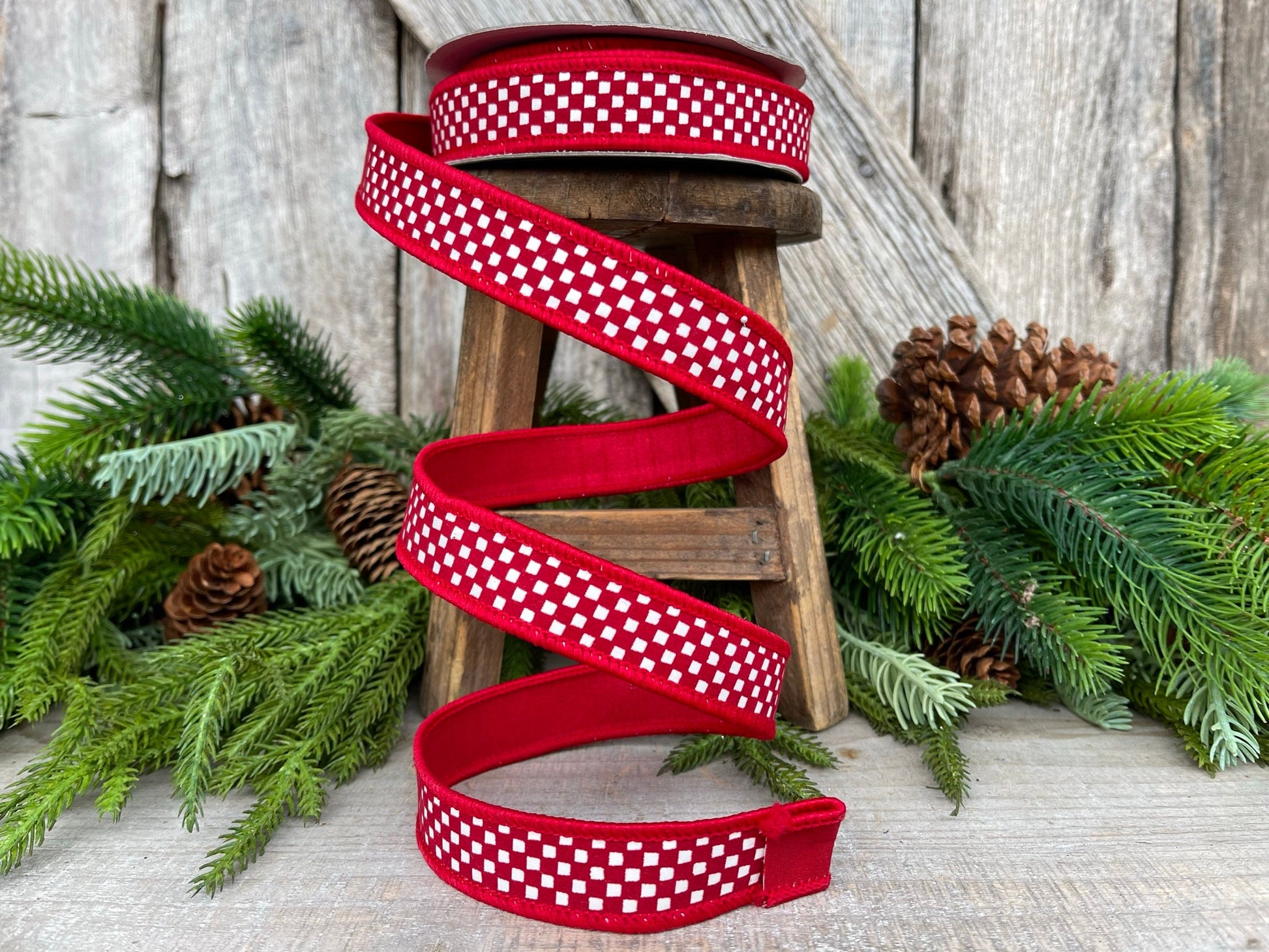 1" Red Mini Checkered Ribbon, Farrisilk Ribbon, Check Ribbon