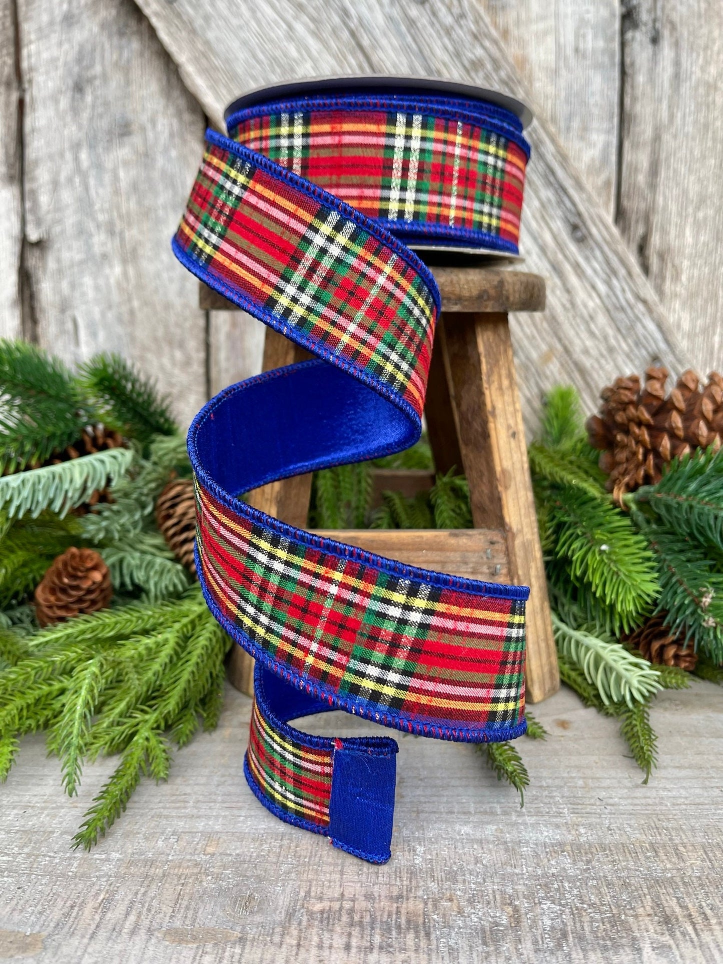 1.5" Blue Caroler Plaid RIbbon, Farrisilk Ribbon