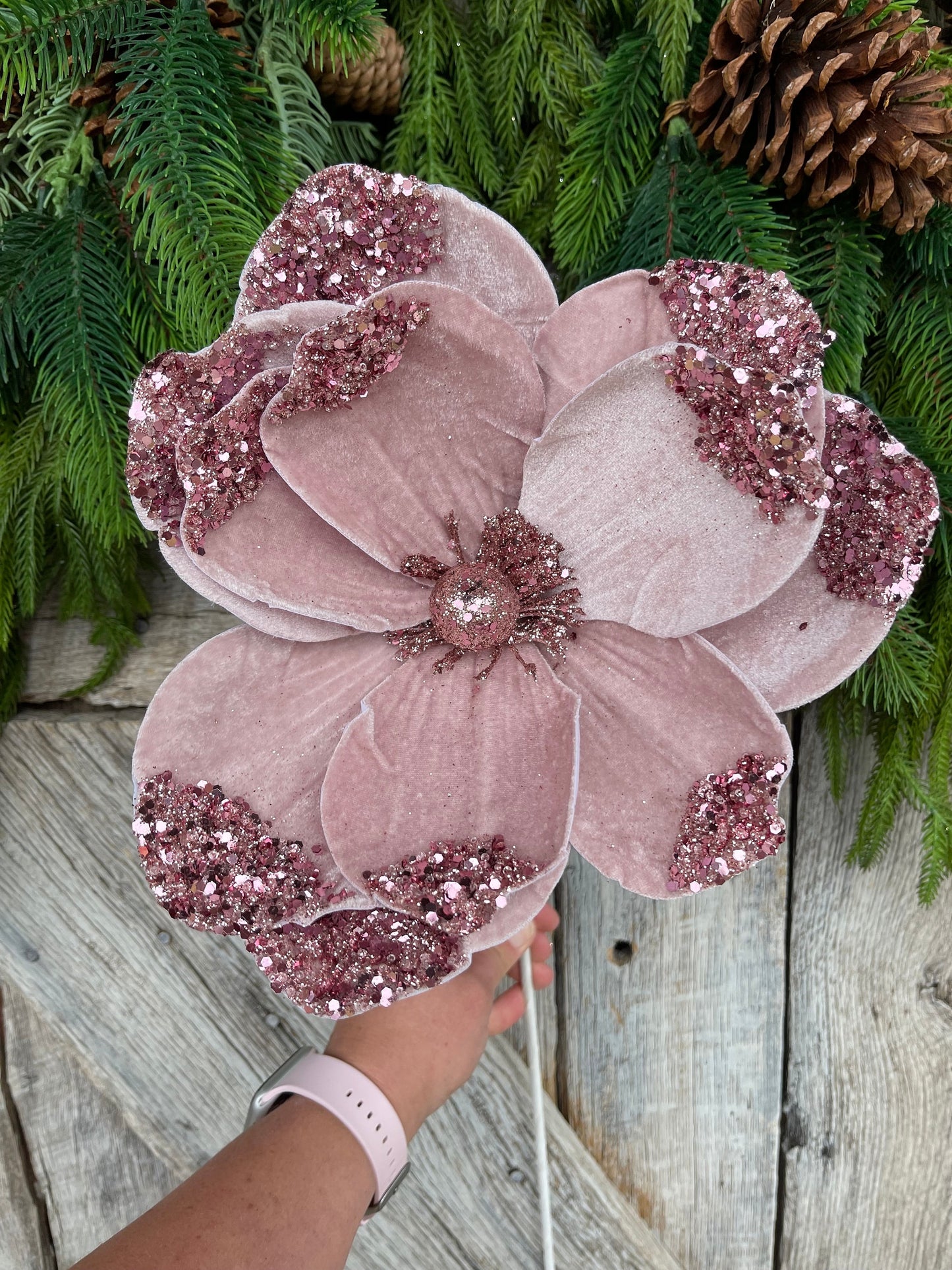 21" Light Pink Velvet Magnolia, Christmas Magnolia, Faux Magnolia Stem