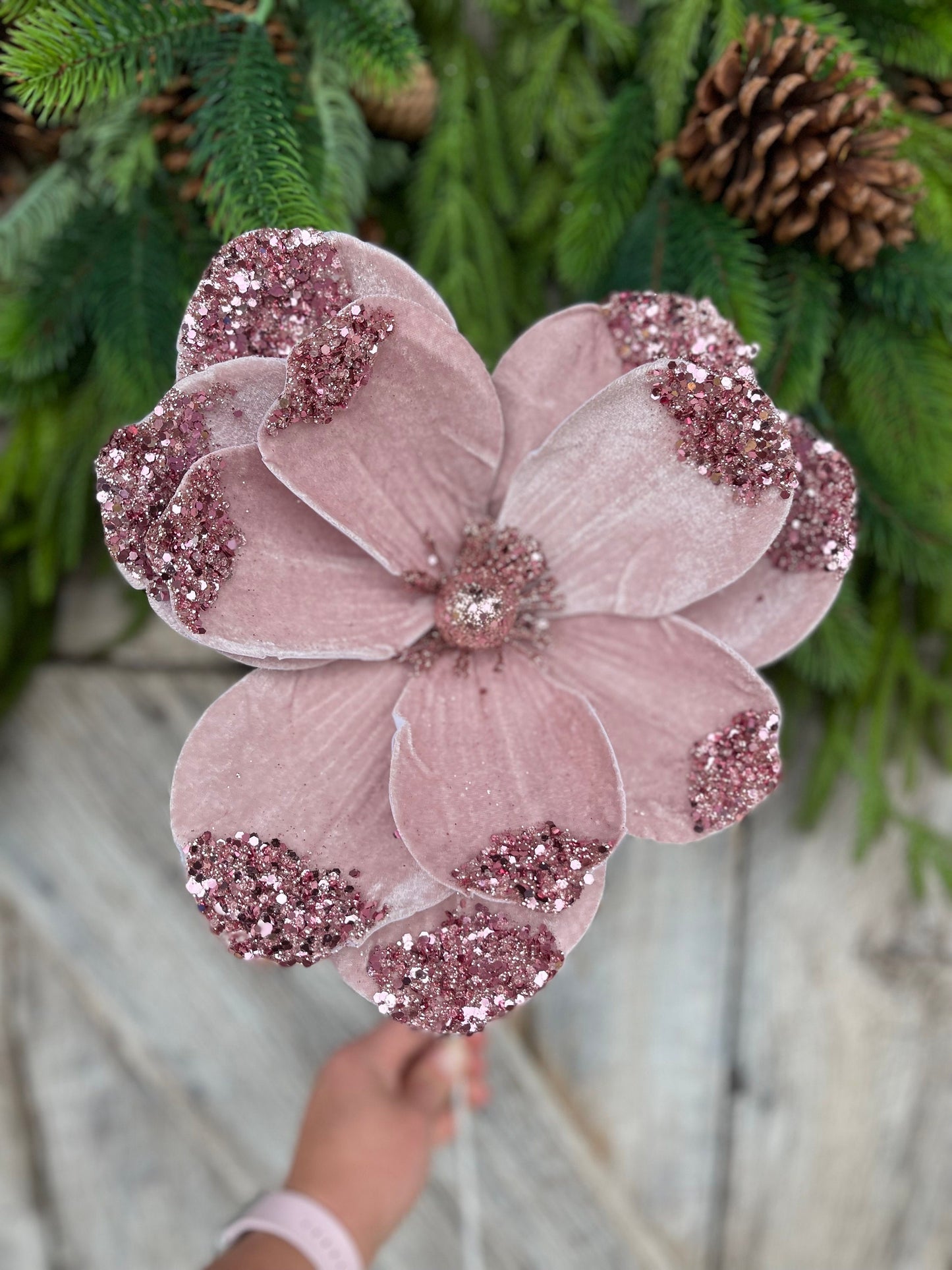 21" Light Pink Velvet Magnolia, Christmas Magnolia, Faux Magnolia Stem