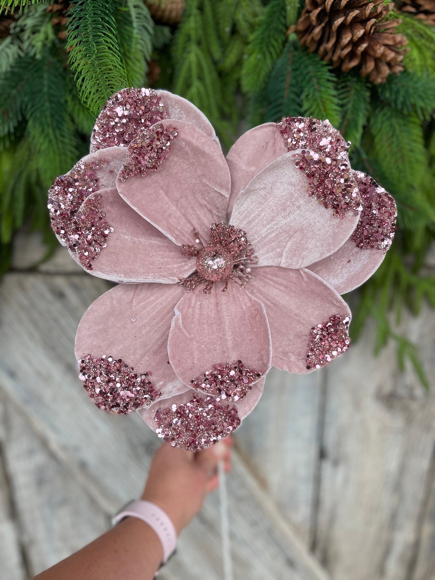 21" Light Pink Velvet Magnolia, Christmas Magnolia, Faux Magnolia Stem