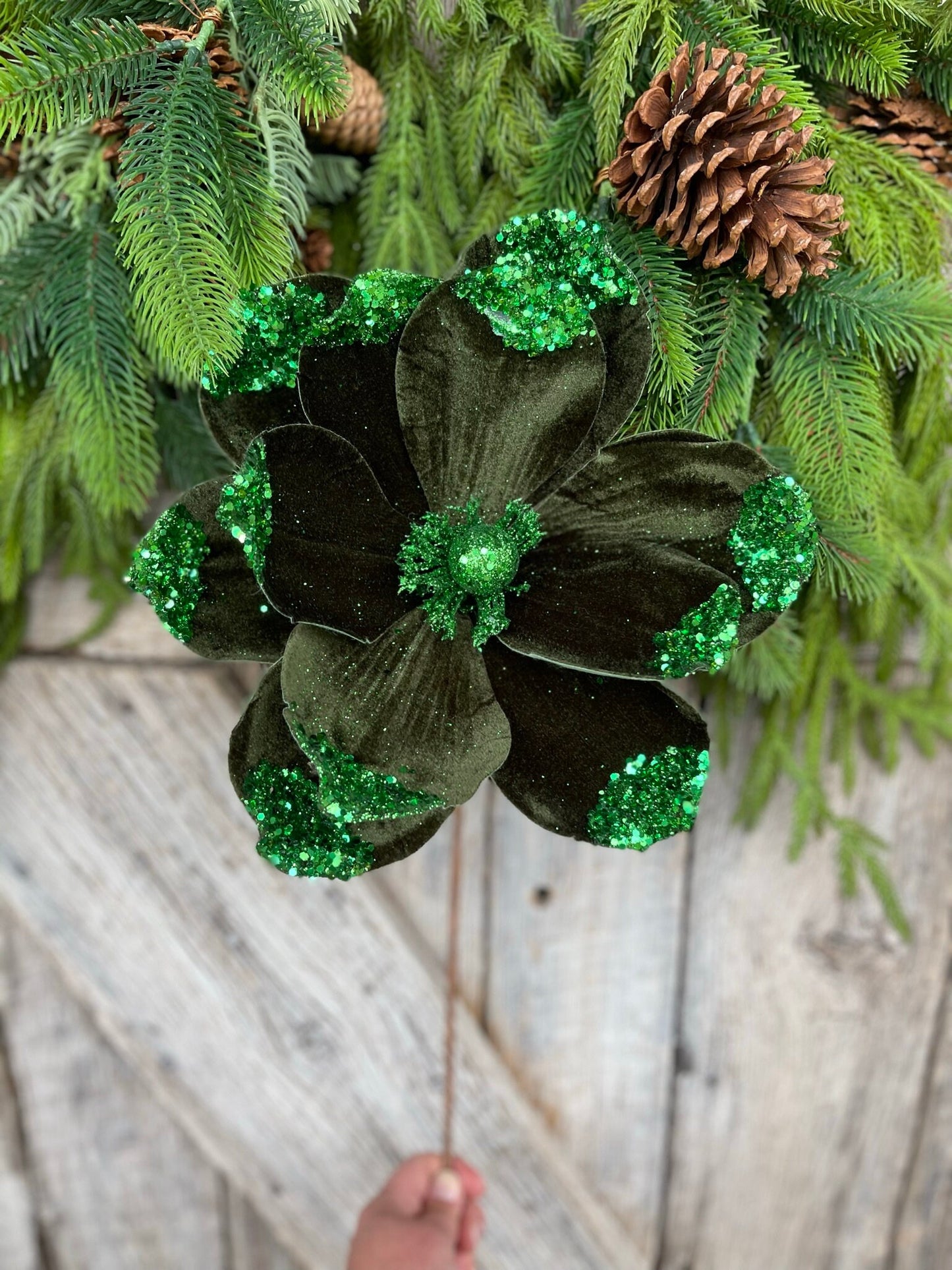 21" Emerald Green Velvet Magnolia, Christmas Magnolia