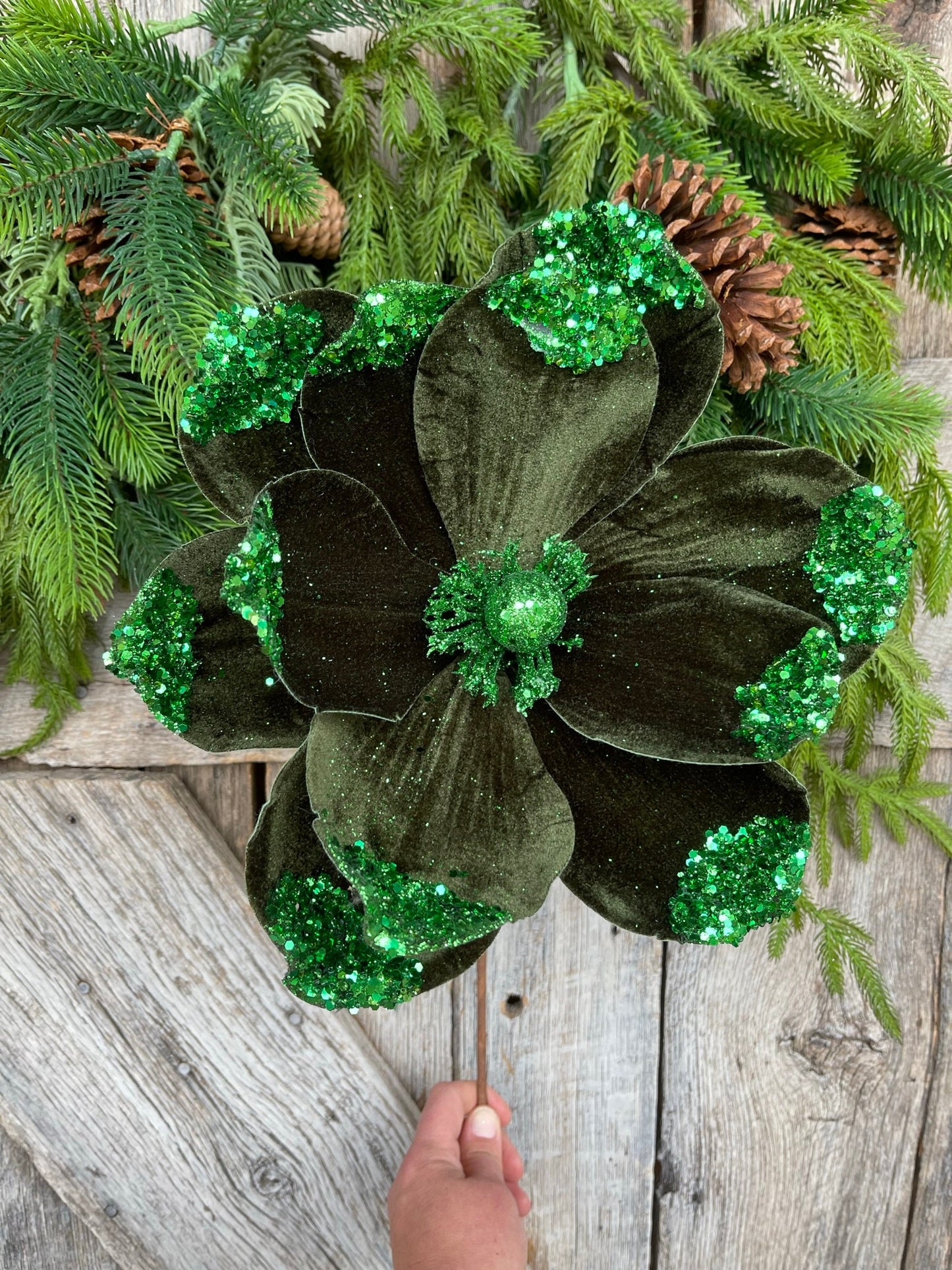 21" Emerald Green Velvet Magnolia, Christmas Magnolia