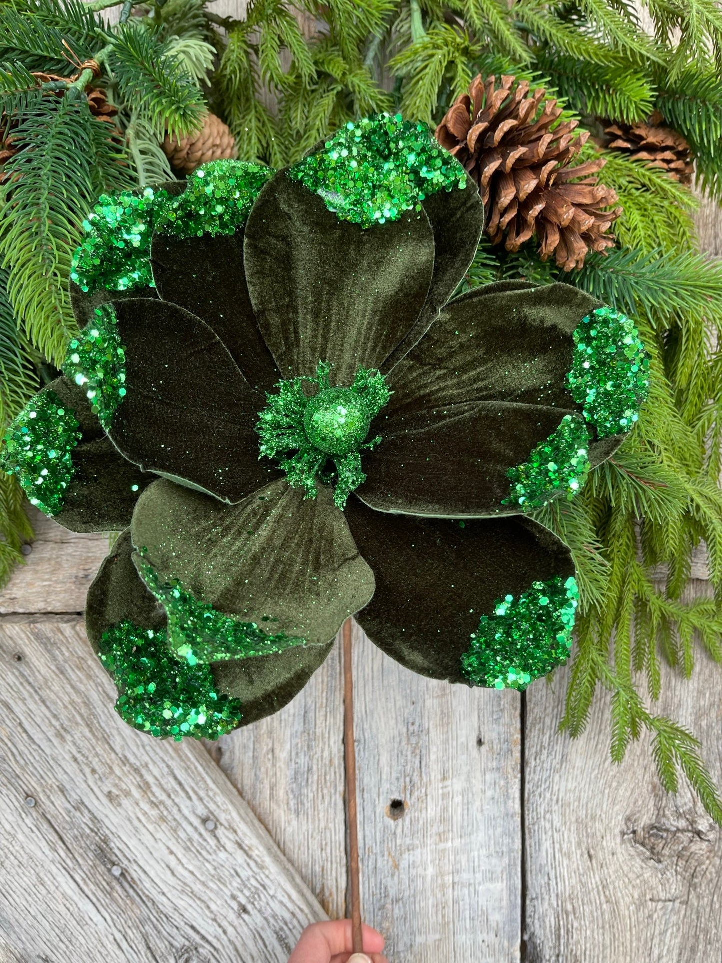21" Emerald Green Velvet Magnolia, Christmas Magnolia