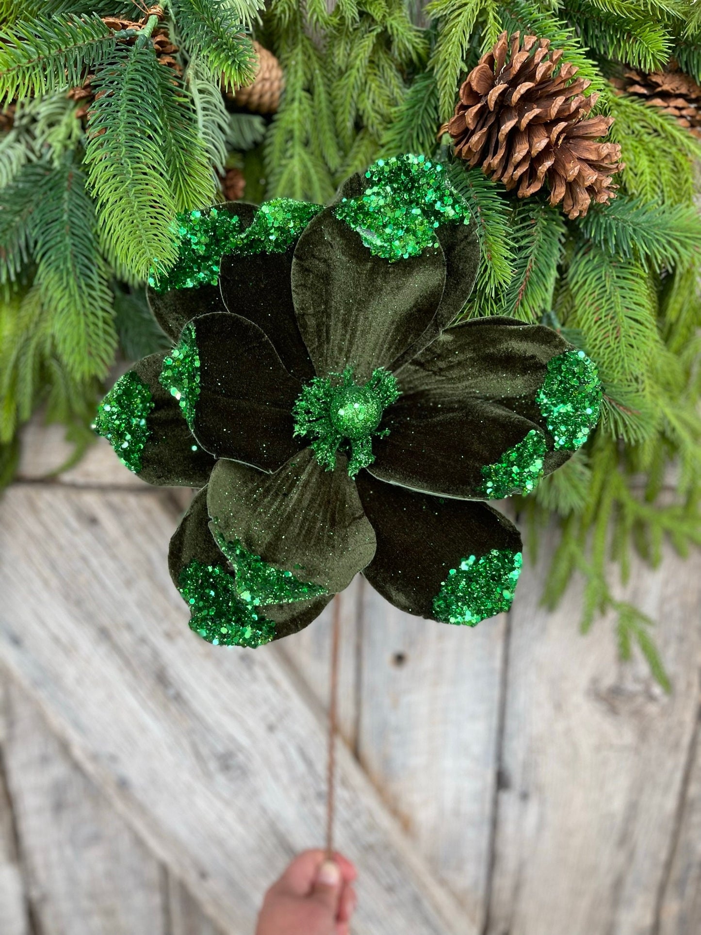 21" Emerald Green Velvet Magnolia, Christmas Magnolia