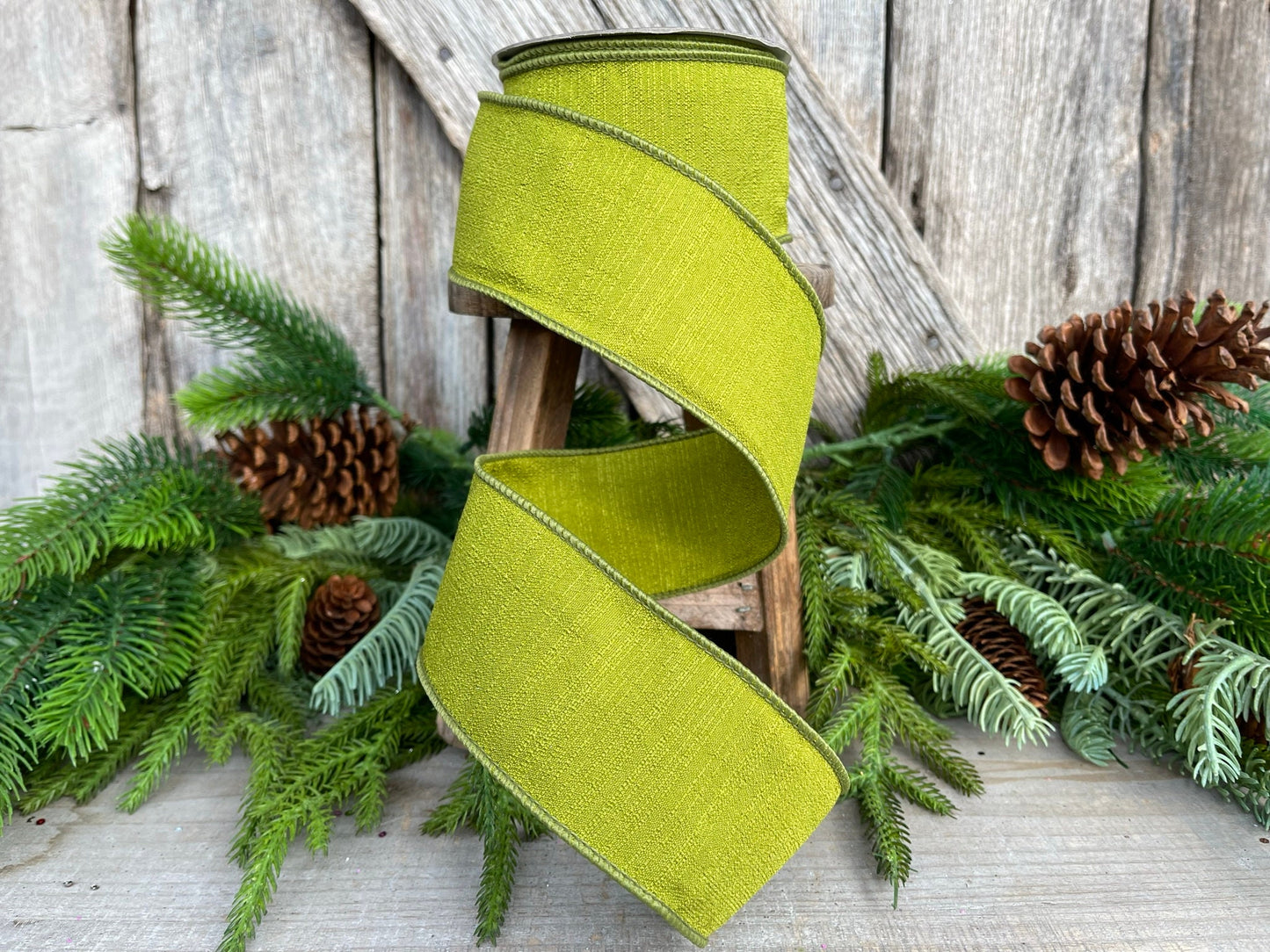 2.5" Olive Ribbon, Farrisilk Shabby Silk, 2.5 inch ribbon
