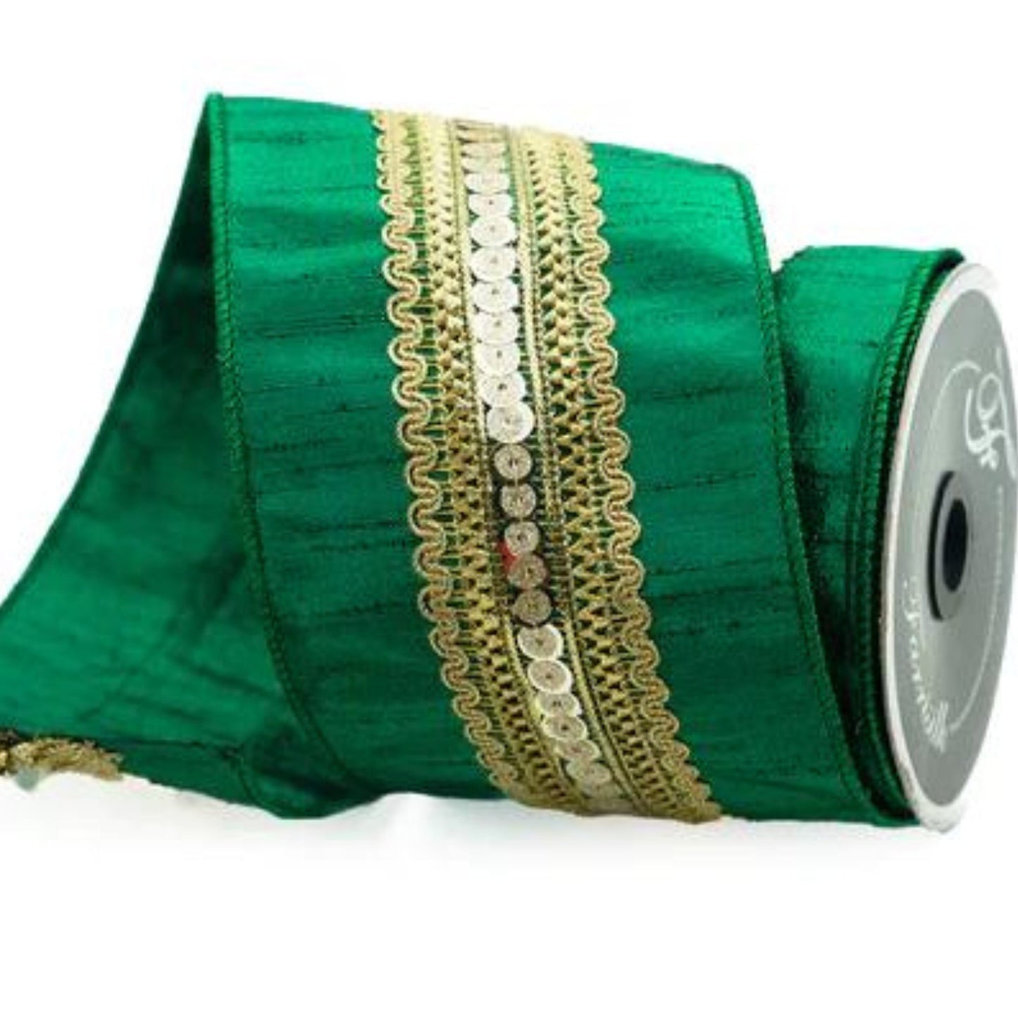 4" Emerald Green & Gold Wired RIbbon, Farrisilk RIbbon