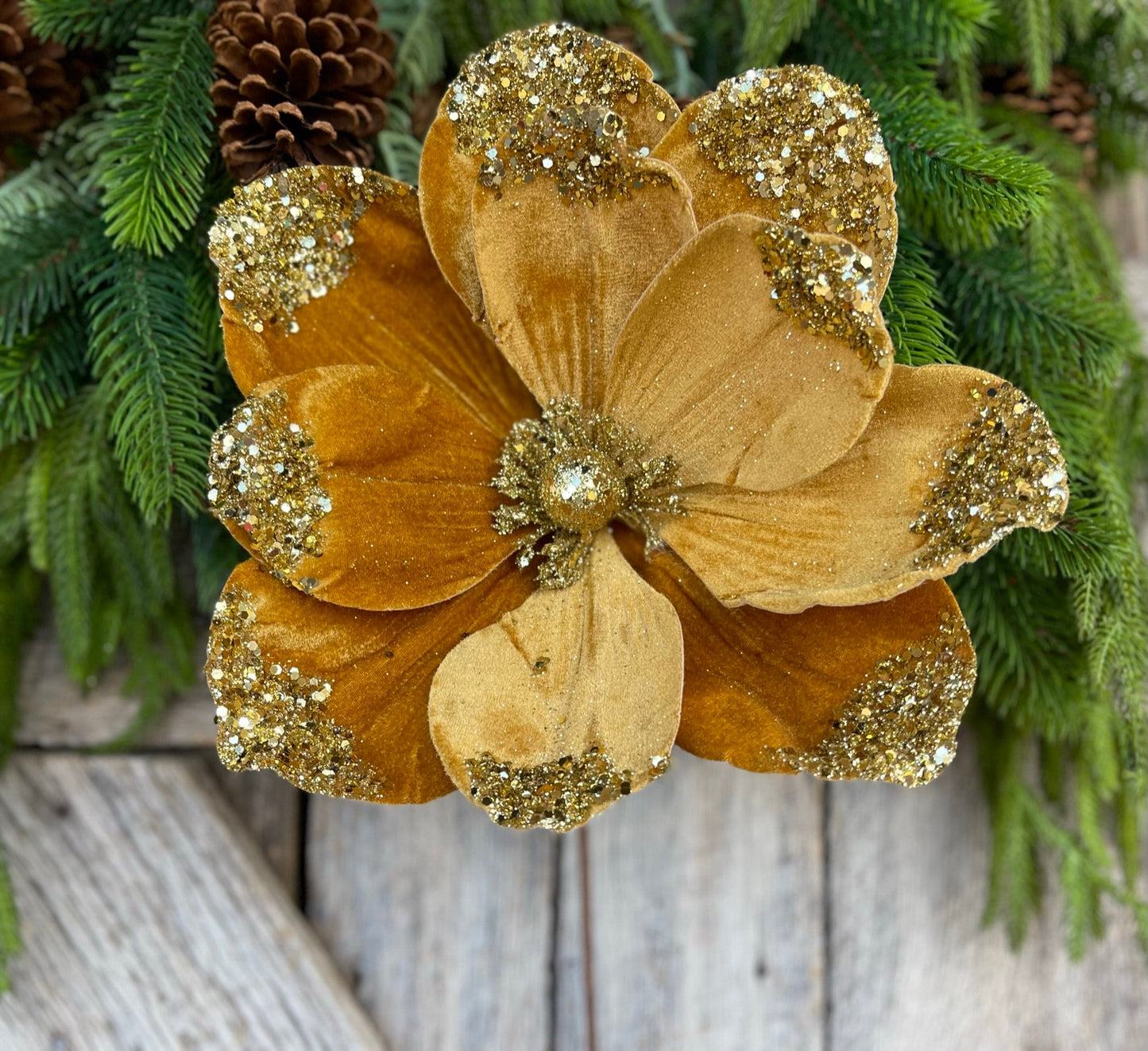 21" Gold Velvet Magnolia, Christmas Magnolia, Faux Magnolia Stem