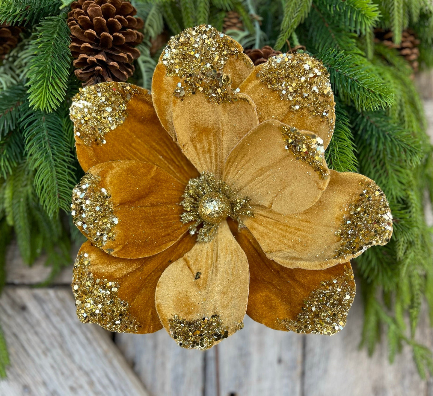 21" Gold Velvet Magnolia, Christmas Magnolia, Faux Magnolia Stem