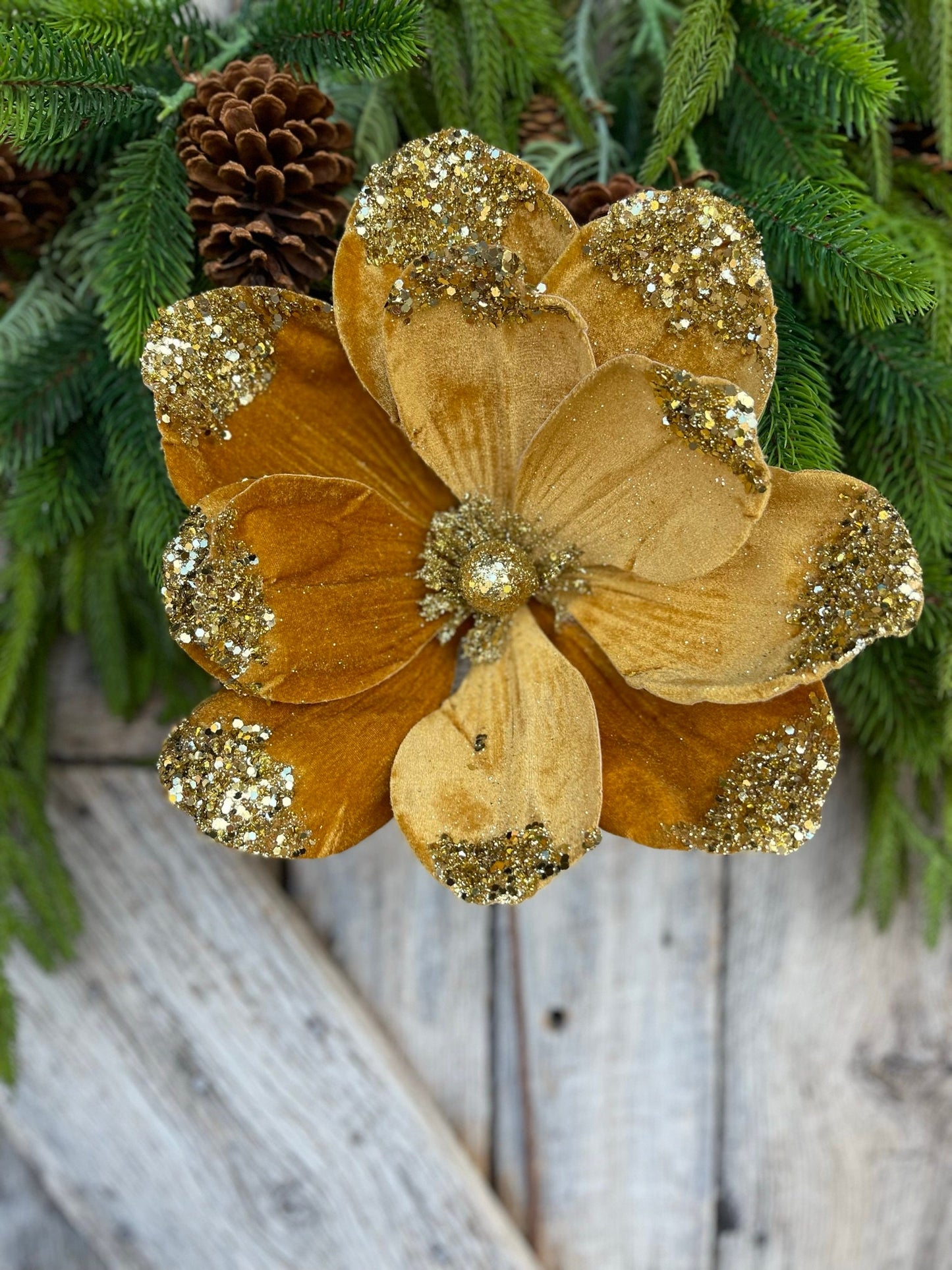 21" Gold Velvet Magnolia, Christmas Magnolia, Faux Magnolia Stem