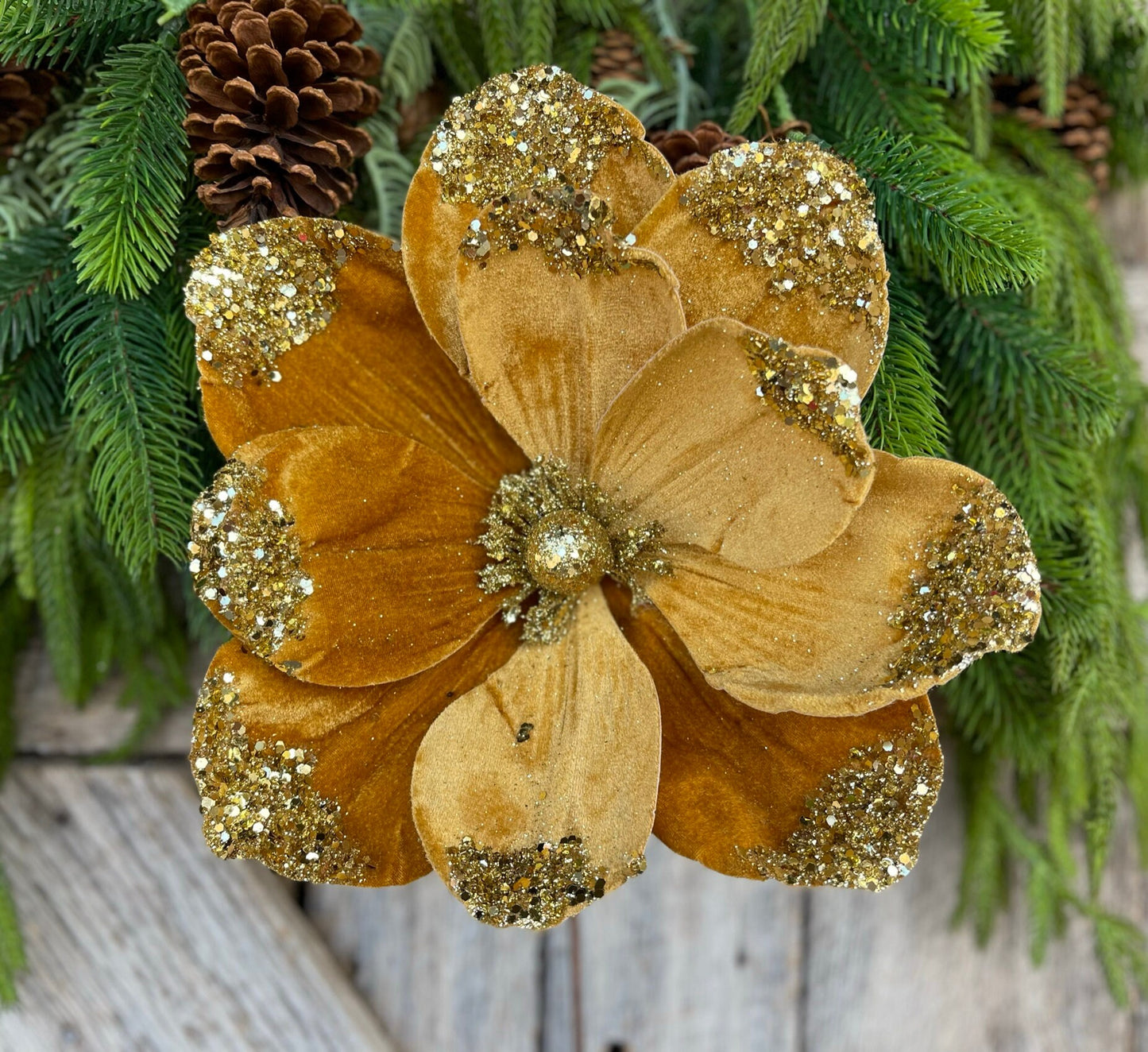 21" Gold Velvet Magnolia, Christmas Magnolia, Faux Magnolia Stem