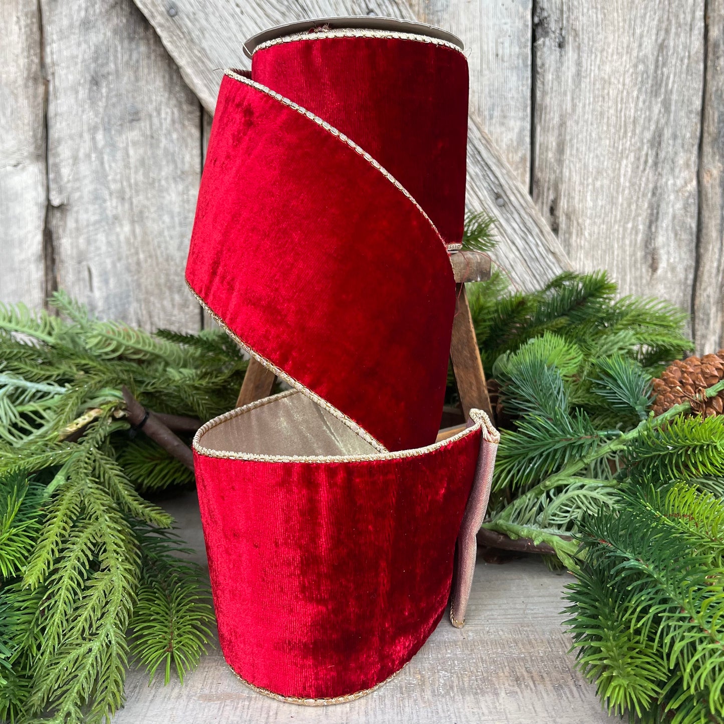 4" Red Plush Velvet RIbbon, Wired Ribbon, Red Velvet Ribbon