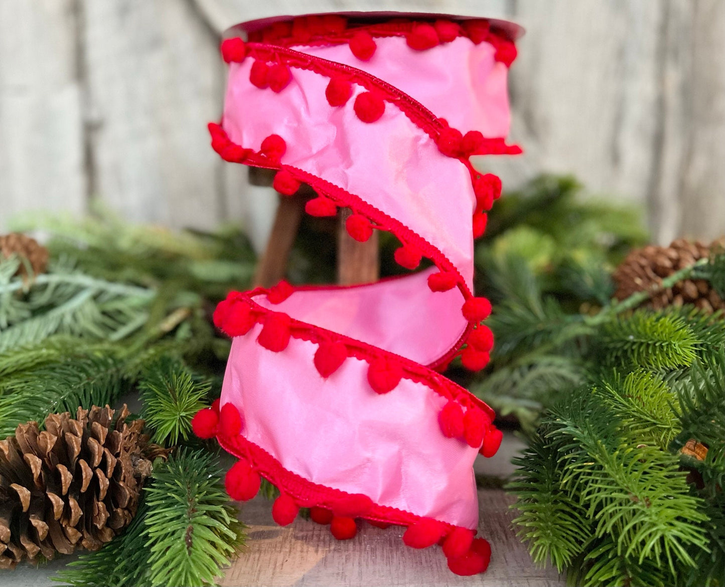 2.5" Bubble Gum Pink and Red Pom Pom Ribbon, Wired Ribbon, Pinkmas Ribbon