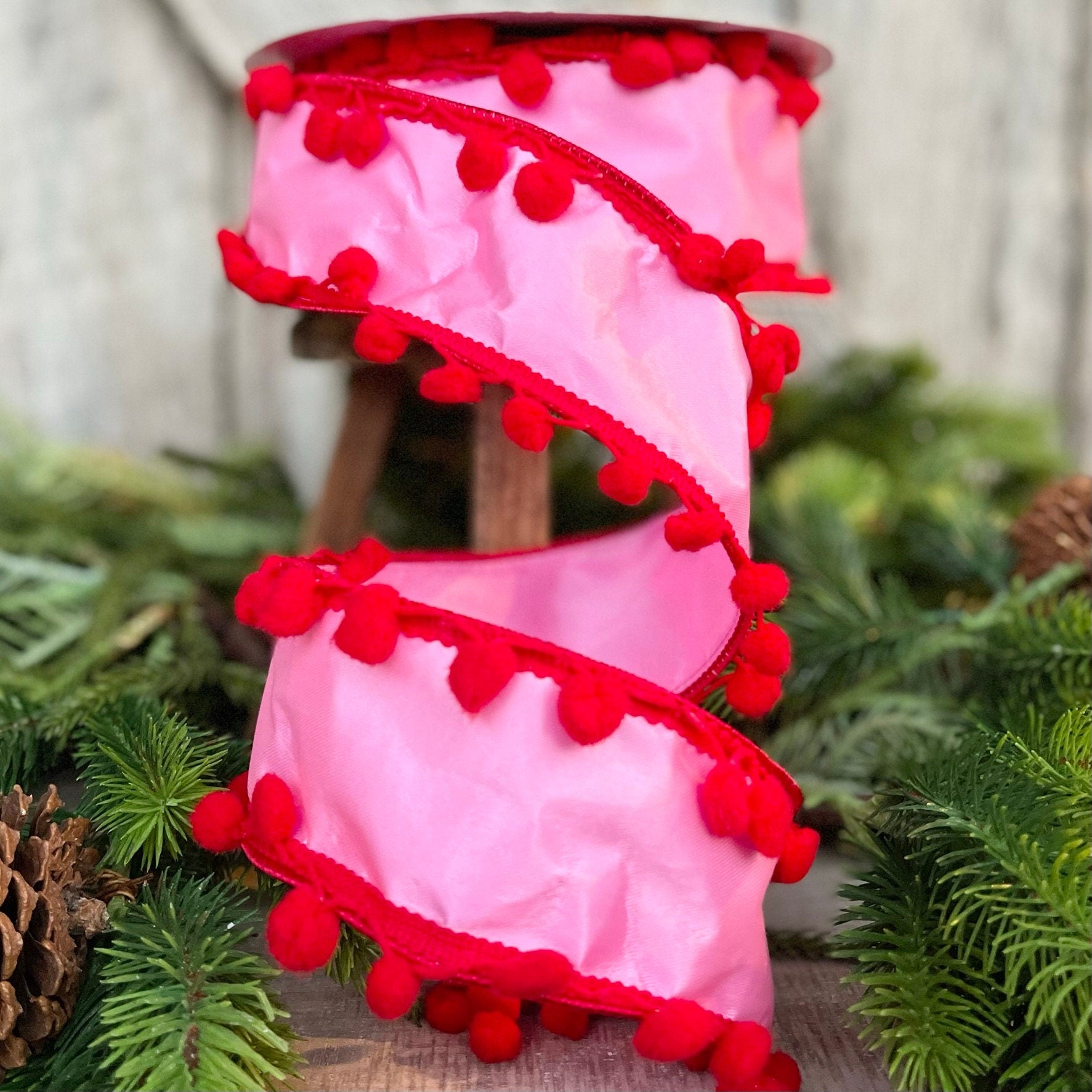 2.5" Bubble Gum Pink and Red Pom Pom Ribbon, Wired Ribbon, Pinkmas Ribbon