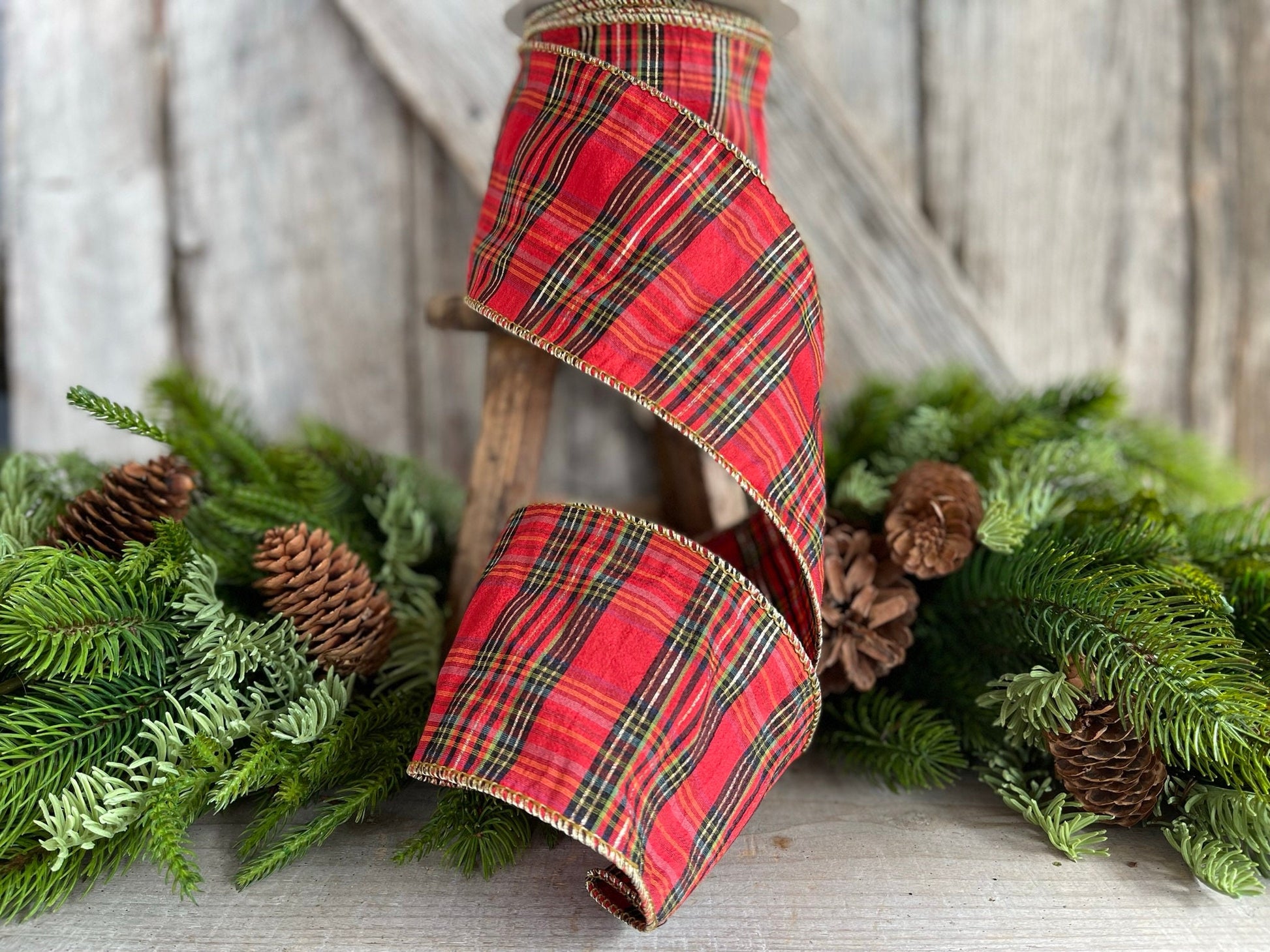 4" Red Christmas Plaid, Woodsy Christmas Ribbon, Christmas Plaid Ribbon