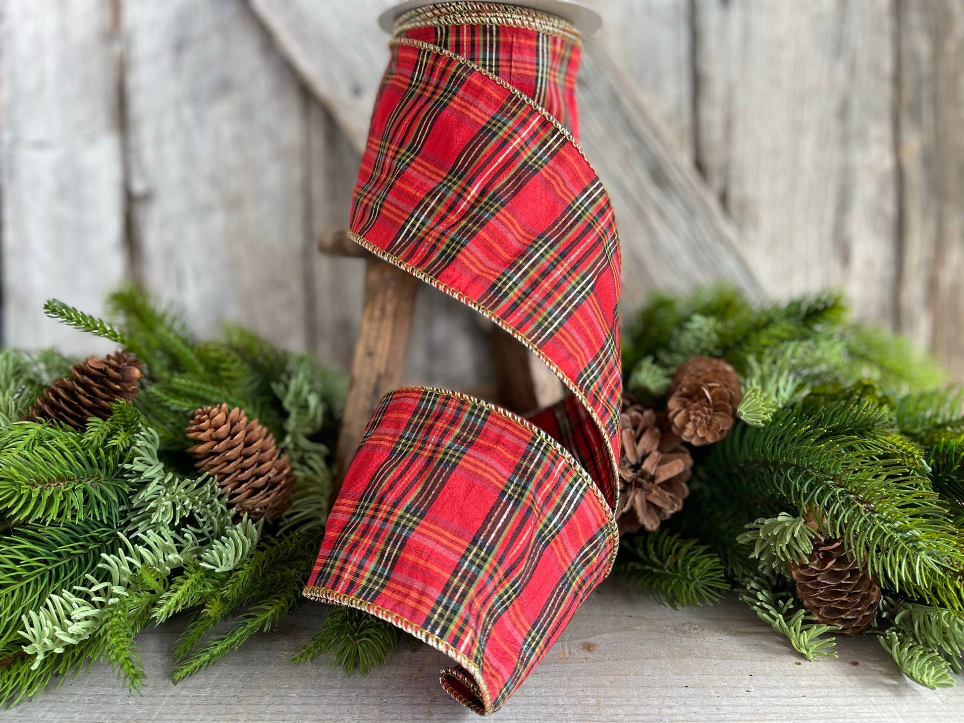 4" Red Christmas Plaid, Woodsy Christmas Ribbon, Christmas Plaid Ribbon