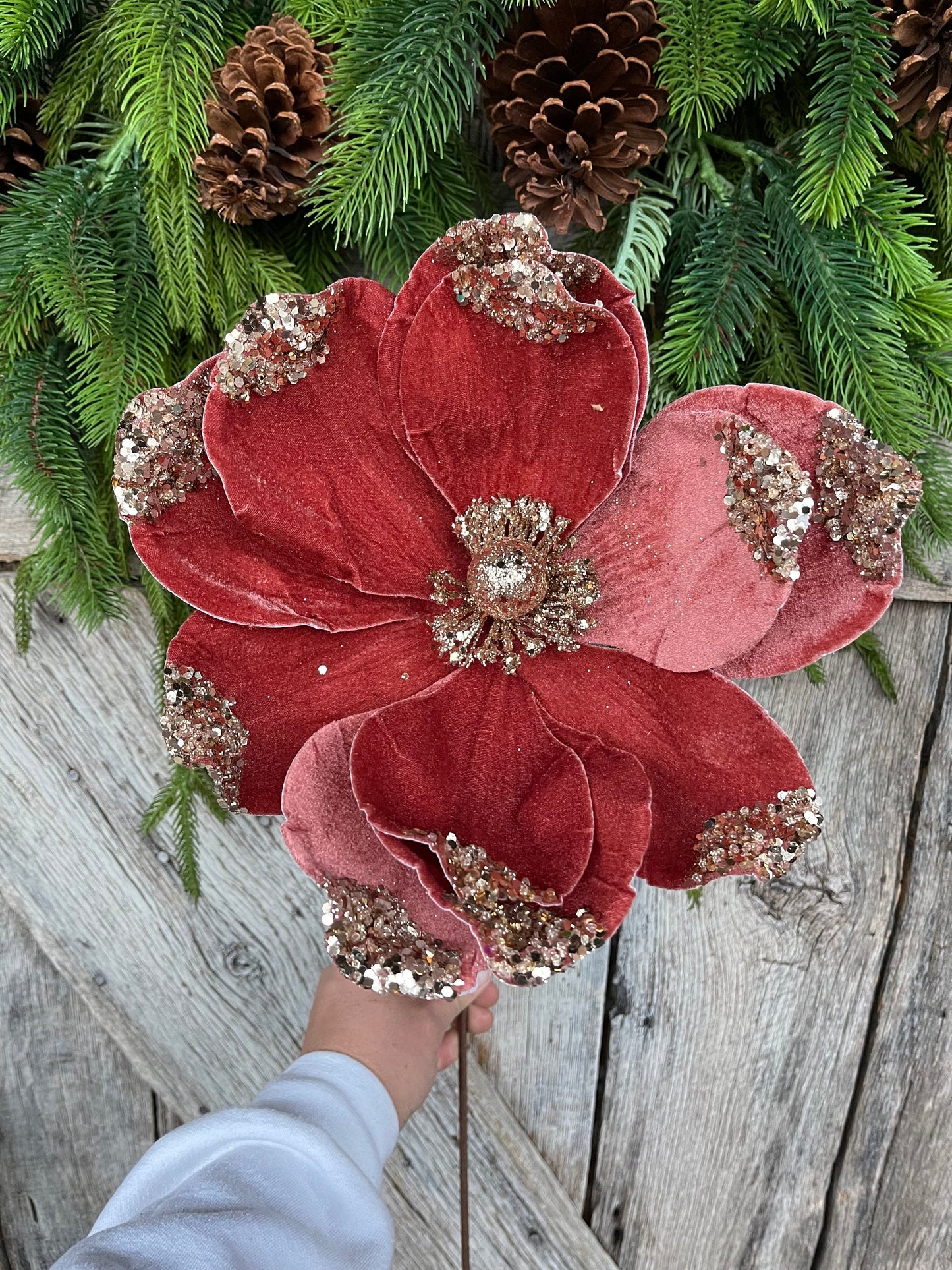 21" Rose Gold Velvet Magnolia, Christmas Magnolia, Faux Magnolia Stem