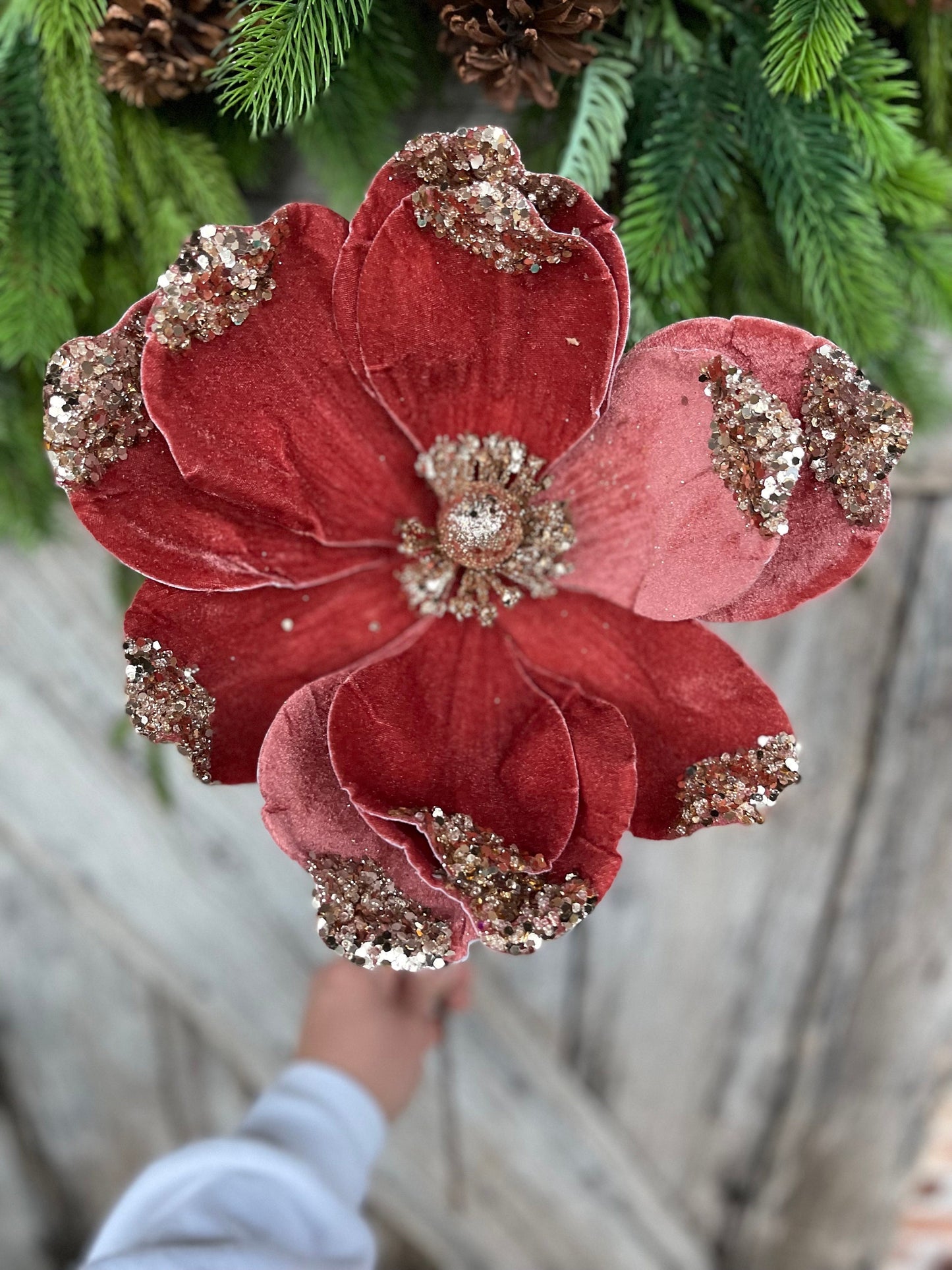 21" Rose Gold Velvet Magnolia, Christmas Magnolia, Faux Magnolia Stem