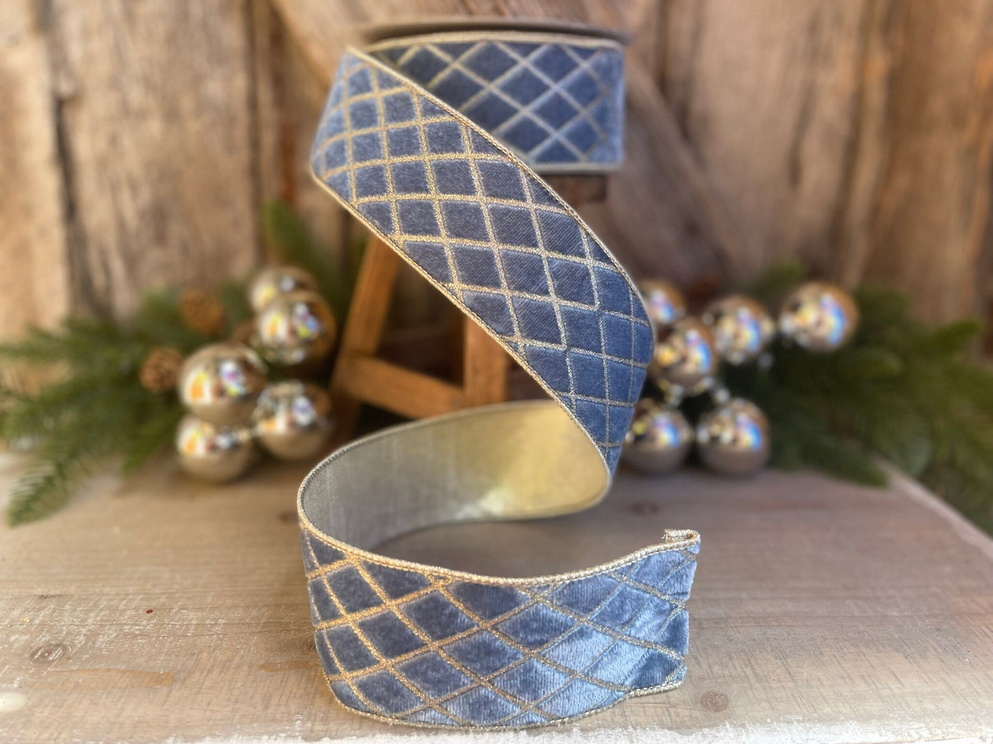 2.5" Steel BLUE Metallic Diamonds Velvet Ribbon, Farrisilk Ribbon, BLUE Velvet