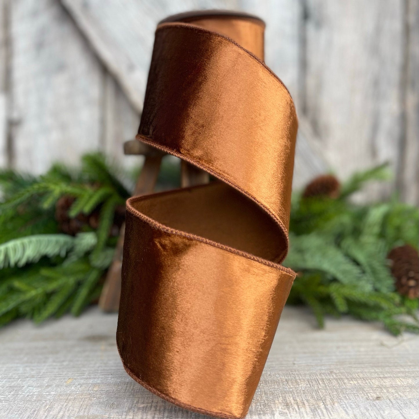 4” Bronze Wired Velvet Ribbon, Wired ribbon, Woodsy ribbon