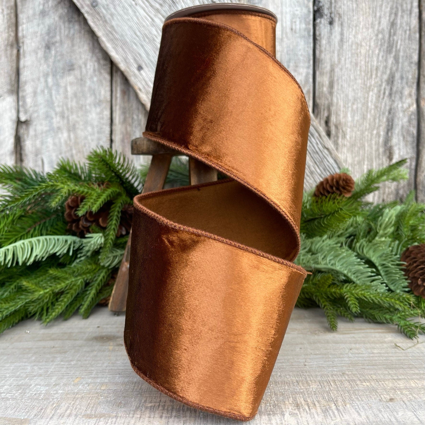 4” Bronze Wired Velvet Ribbon, Wired ribbon, Woodsy ribbon