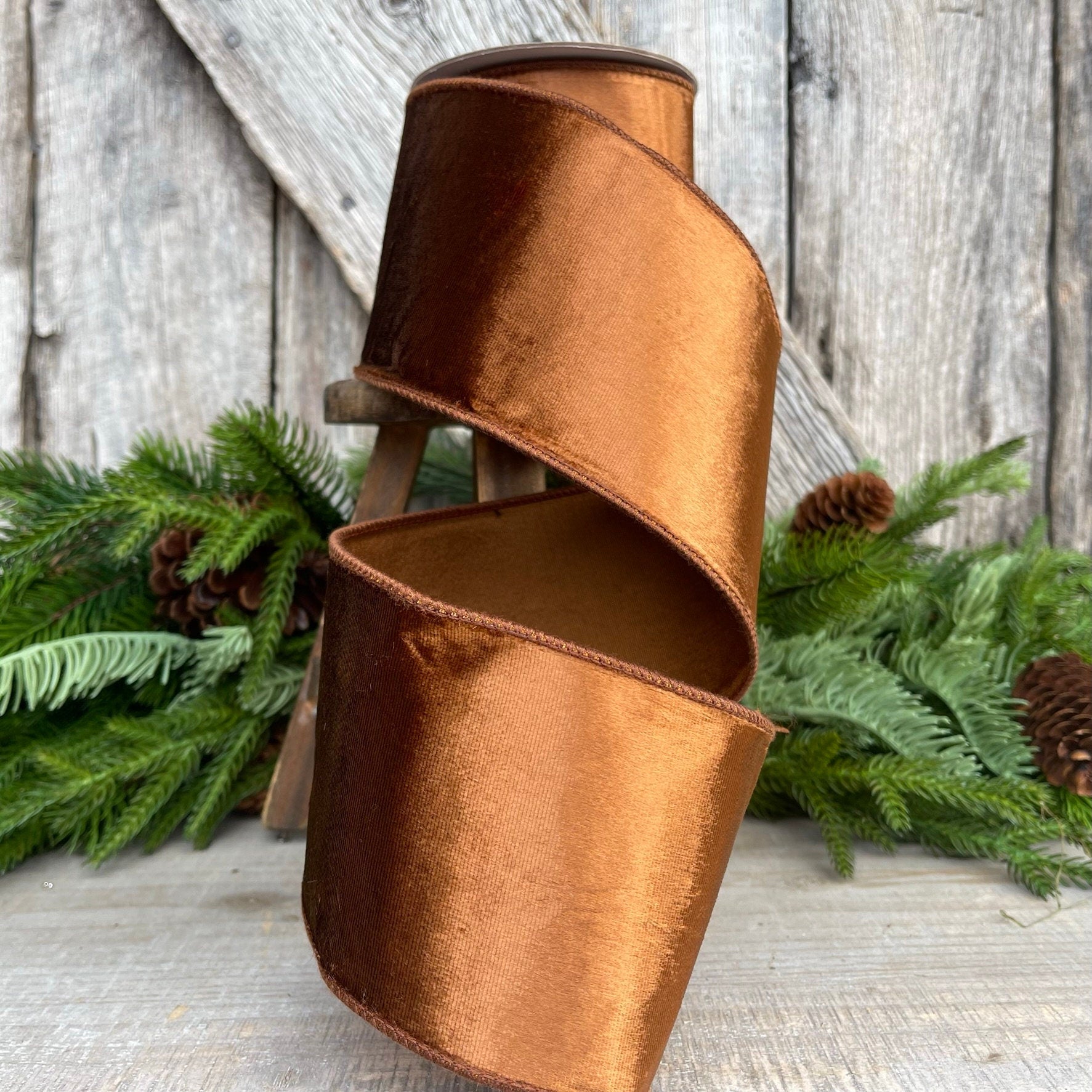 4” Bronze Wired Velvet Ribbon, Wired ribbon, Woodsy ribbon