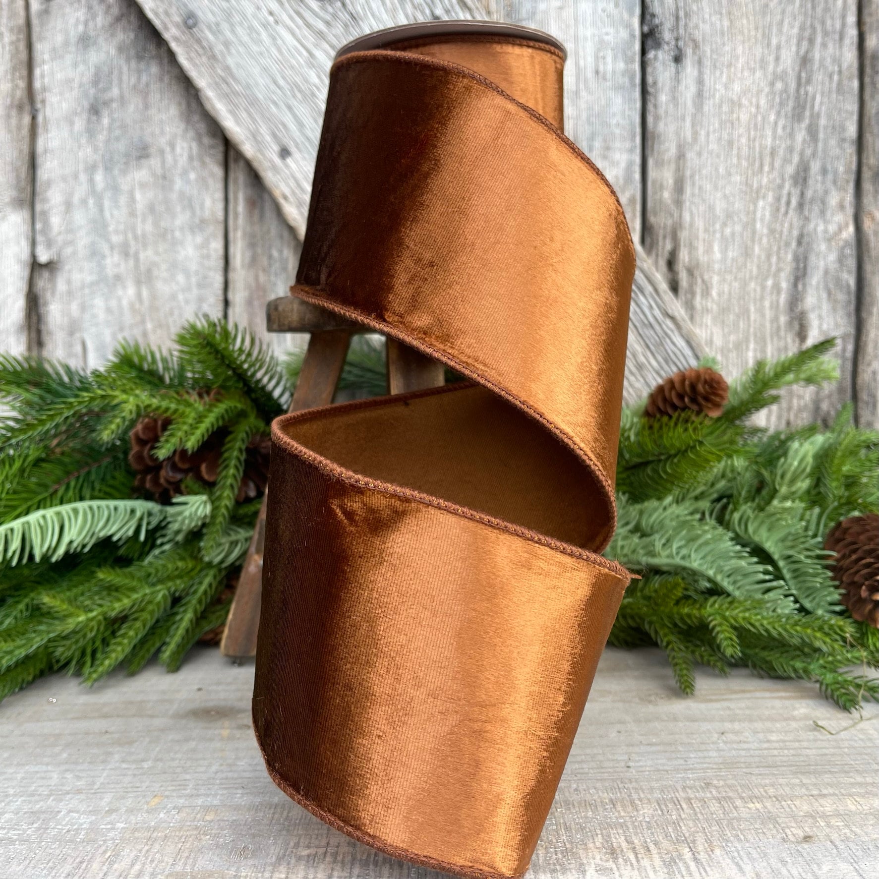 4” Bronze Wired Velvet Ribbon, Wired ribbon, Woodsy ribbon