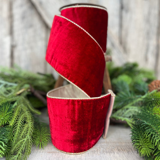 4" Red Plush Velvet RIbbon, Wired Ribbon, Red Velvet Ribbon