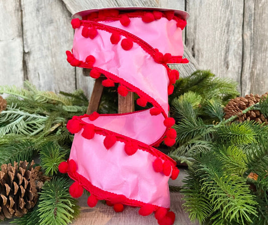 2.5" Bubble Gum Pink and Red Pom Pom Ribbon, Wired Ribbon, Pinkmas Ribbon