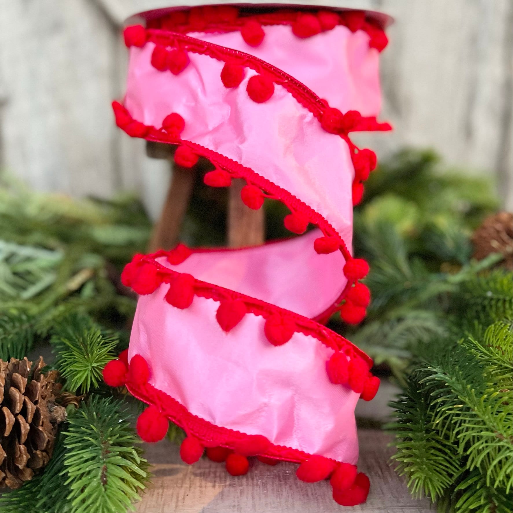 2.5" Bubble Gum Pink and Red Pom Pom Ribbon, Wired Ribbon, Pinkmas Ribbon