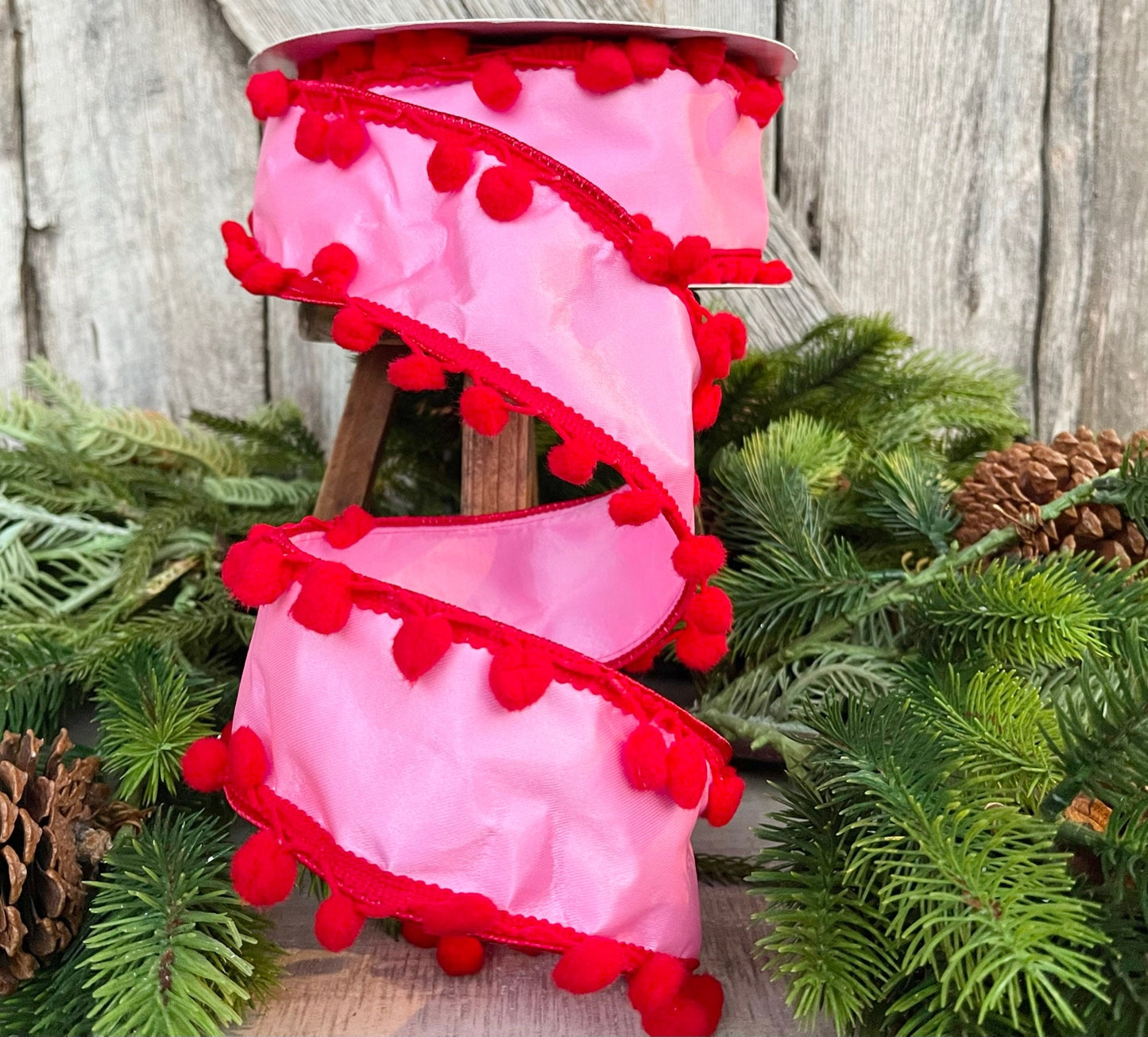 2.5" Bubble Gum Pink and Red Pom Pom Ribbon, Wired Ribbon, Pinkmas Ribbon