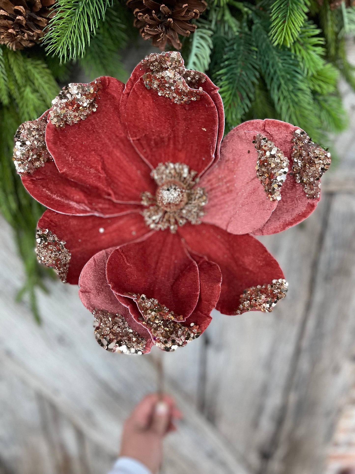 21" Rose Gold Velvet Magnolia, Christmas Magnolia, Faux Magnolia Stem