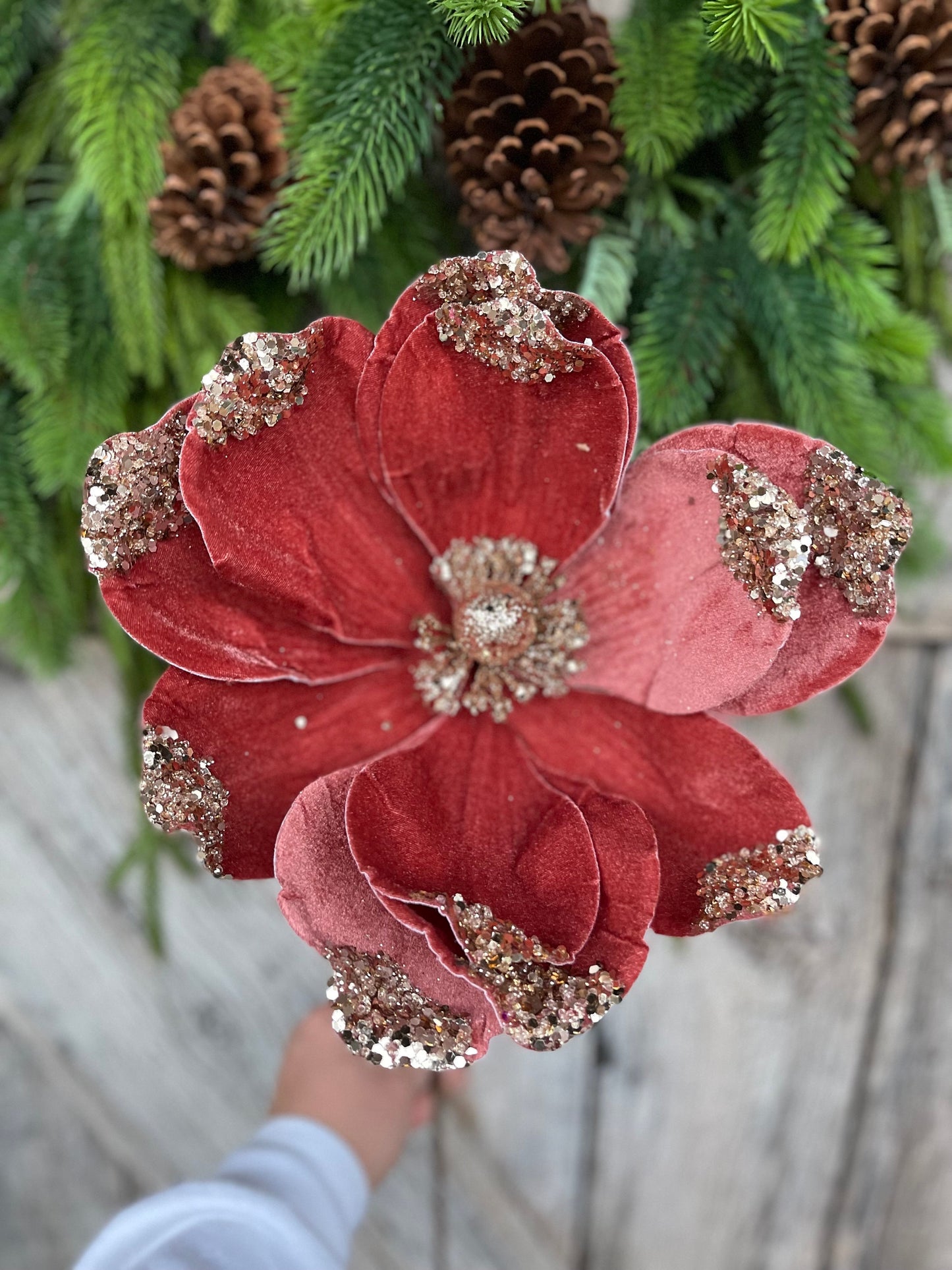 21" Rose Gold Velvet Magnolia, Christmas Magnolia, Faux Magnolia Stem
