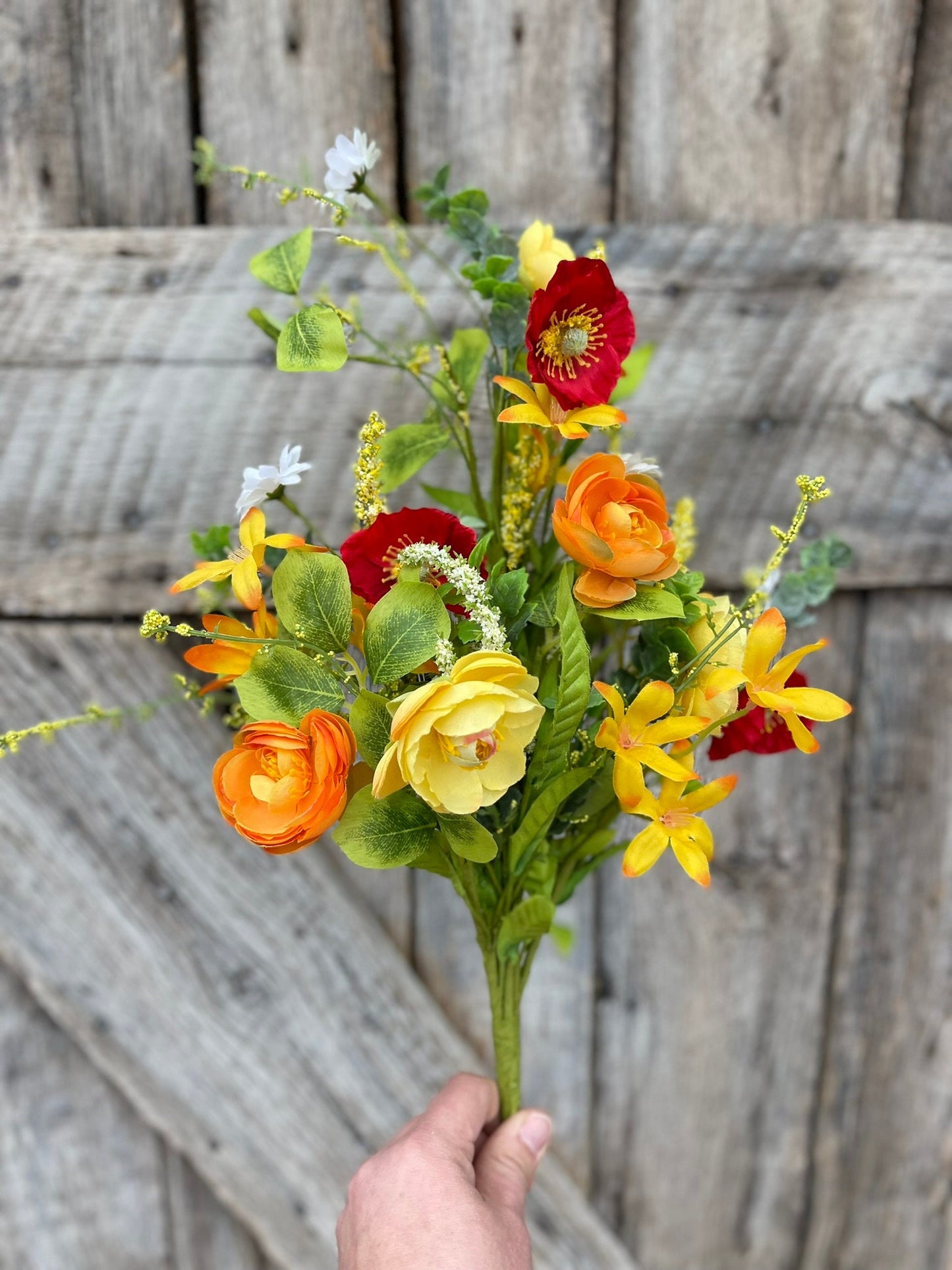 18" Yellow Red Ranunculus Poppy Bush, Spring Bush, Bright Floral Bush